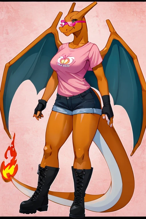 ((Charizard)), anthropomorphic, big boobs, big ass, pokemorph, (((1girl))), (((pink t-shirt))), (black denim short shorts), cute and sexy, (black boots), slender, orange skin, (pink tinted glasses), (black fingerless gloves), long legs, smiling
