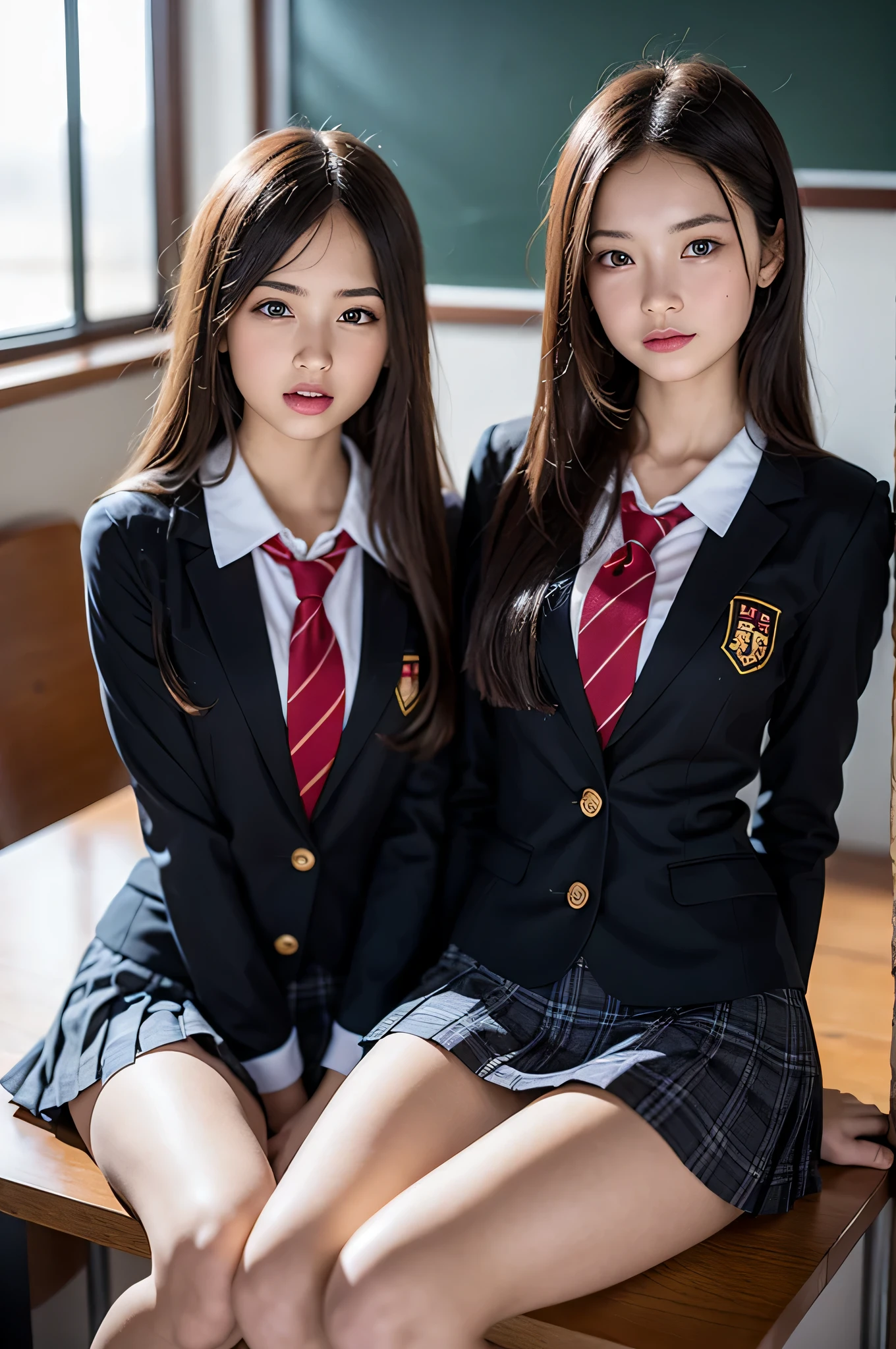 (2ung girls), beautiful girl with beautiful details, Raw photo, (Best Quality:1.2), 8K, high details, hight resolution, With the highest quality, High-definition raw color photos, professional photograpy, (Fine face:1.2), (hi-school uniform with open chest:1.5), pleated skirt, indoors, classroom, desk, chair, sitting, (Open mouth), ((legs spread)), (panties:1.3), depth of fields,