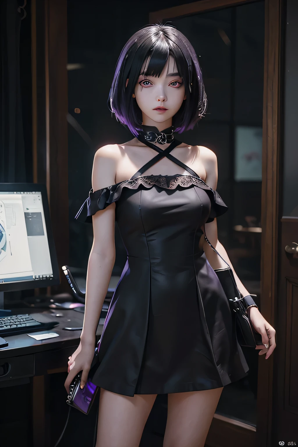 Best quality, masterpiece, ultra high resolution, (photorealistic:1.4), raw photo, 1 girl, A girl in a black dress stands in front of a computer., 3D in anime style, 17 year old anime goth, Let'We're talking about Yandere Grimdark, Black short hair, (Purple pupils of the eyes), ( ( 3D rendering ) ),