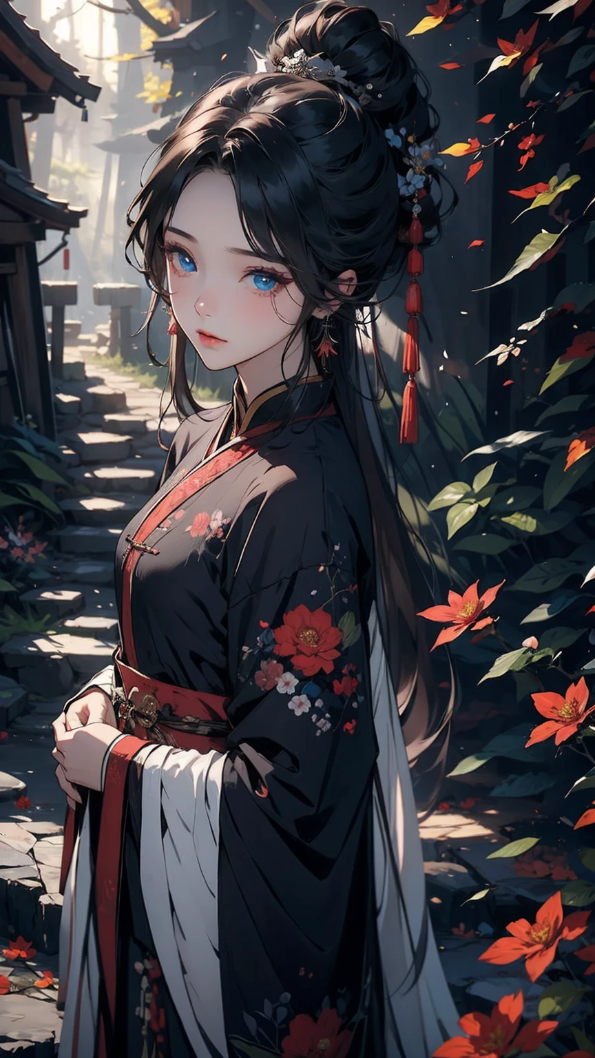 A girl wearing Chinese colourfull clothes, colorfull flower design on cloth, silver hairs, flower on hair, beautiful girl, double eyelashes, blue eyes, eyeliner, earrings, standing in forest, masterpiece quality, UHD, super detailed eyes, super detailed skin, super detailed image, High quality, High resolution,
