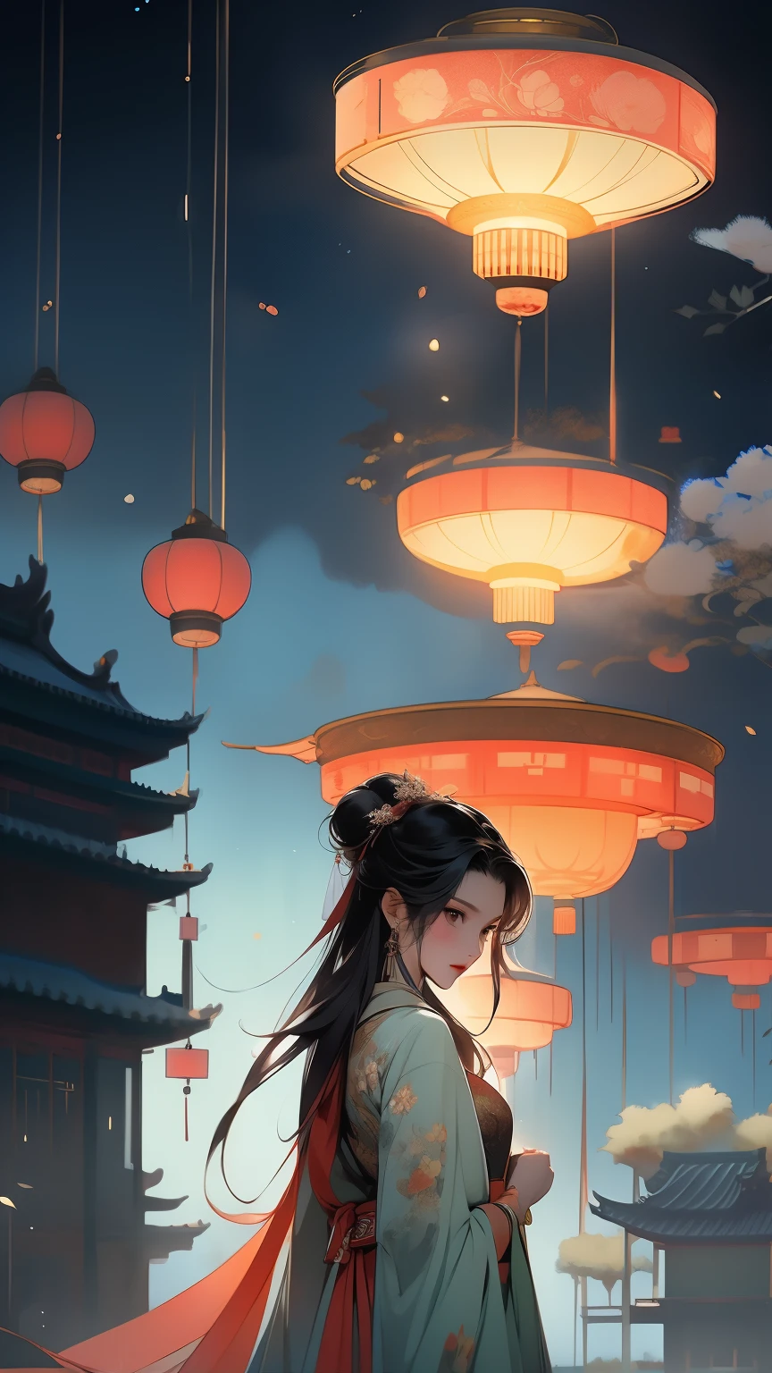 ink painting，watercolor smudge，1 girl, solo, long hair, black hair, hair accessories, long sleeves, close eyes, flower, outdoor, sky, 毛flower, from behind, sash, contour, make up, night, China costume, night空, light particles, lantern, architecture, 纸lantern, Hanfu，1 girl, solo, black hair, hair accessories, long sleeves, dress, hold, jewelry, Shut up, Permanent, whole body, flower, 毛flower, Wide sleeves, bun, vague, 黑色dress, from the side, flower瓣, contour, night, China costume, 单bun, 红flower, night空, light particles, bead, shawl, 捧flower, architecture, updo, Hanfu，high quality, best quality,8K CG, Ultra-detailed, HD, masterpiece, Watercolor oil painting，丹青ink painting，ink painting彩晕染，bling，antique art，The background is decorated with auspicious clouds and silk ribbons，Elegant and peaceful atmosphere，Concept art illustration，Light painting rendering，Zen style, In line with Chinese aesthetics，The beauty of imaginary artistic conception