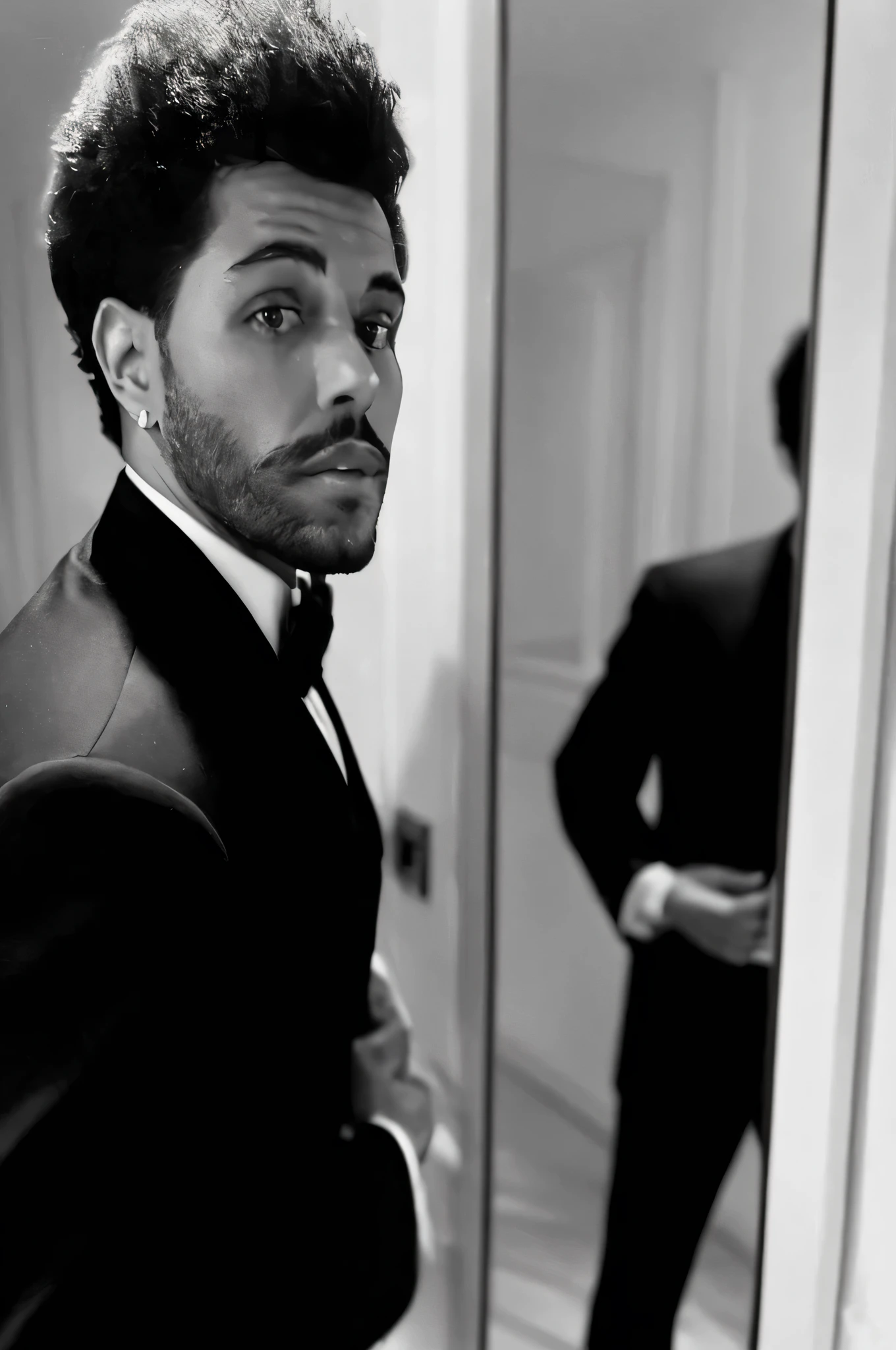 faaris azura in a suit looking at himself in a mirror, faaris azura wearing a tuxedo, faaris azura wearing tuxedo, taken in the early 2020s, faaris azura is wearing a suit, faaris azura in black tie, faaris azura looks very sophisticated, very handsome, faaris azura