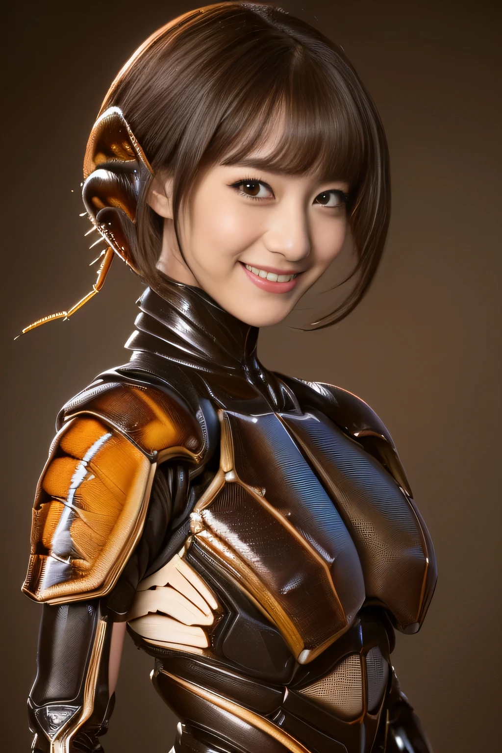 (High resolution,masterpiece,highest quality,Very detailed CG, anime, official art:1.4), realistic, photograph, amazing detail, all complicated, luster and luster,great many layers, 8k wallpaper, 3D, sketch, cute, figure,( alone:1.4), perfect female proportions,villain&#39;s daughter, (Fusion of dark brown cockroach and lady:1.4), (brown cockroach form lady:1.2), (brown cockroach woman:1.2), (Fusion:1.2), (alone:1.4), (evil smile:1.2), muscular, abs, (Cockroach brown exoskeleton bio insect suit:1.4), (Cockroach brown exoskeleton bio insect armor:1.2), (brown transparent cockroach feathers:1.4), (brown cockroach antenna:1.3),
