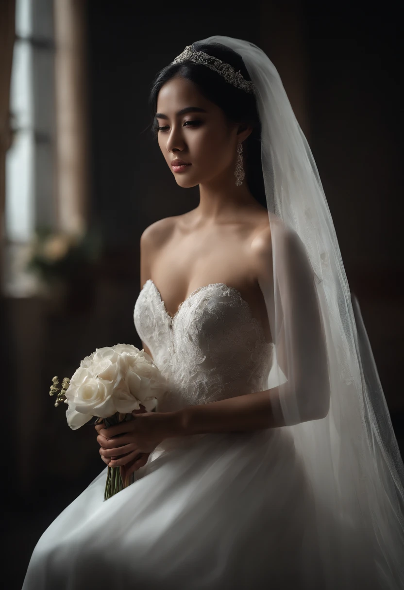 ultra realistic photo, full body, standing, of a beautiful woman from Indonesia, 20 years old, in jugle, dark background, she is just wearing a white bra and underpants, her feet and hands are wearing bridal stockings, her long black hair is blowing in the wind, her head is wearing short Wedding veil a bridal ornament, perfectly proportional body. Sad face and sharp gaze, hands holding flowers. Soft lighting, front lighting, lighting focus on models