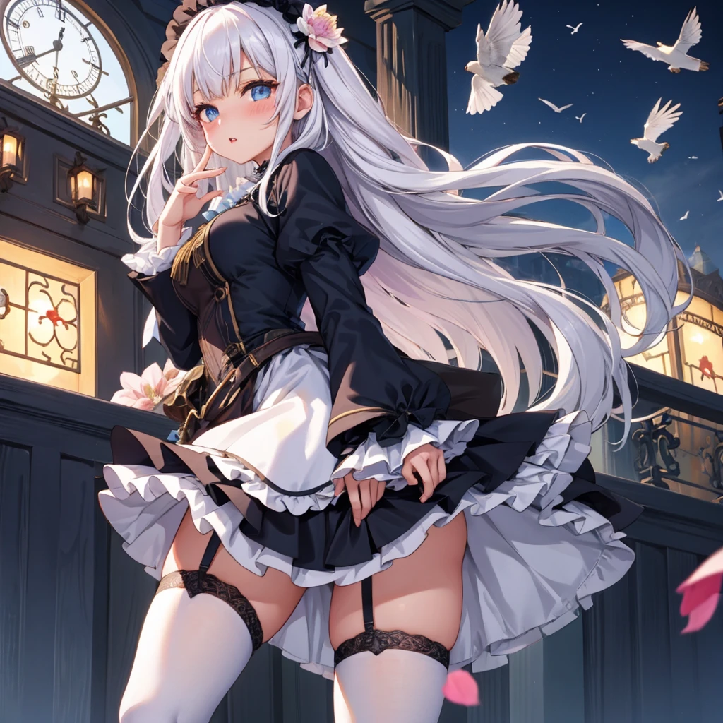 1girl, solo, long hair, looking at viewer, blush, bangs, blue eyes, thighhighs, long sleeves, dress, standing, flower, white hair, frills, parted lips, black thighhighs, bird, garter straps, frilled dress, letterboxed, fantasy, clock