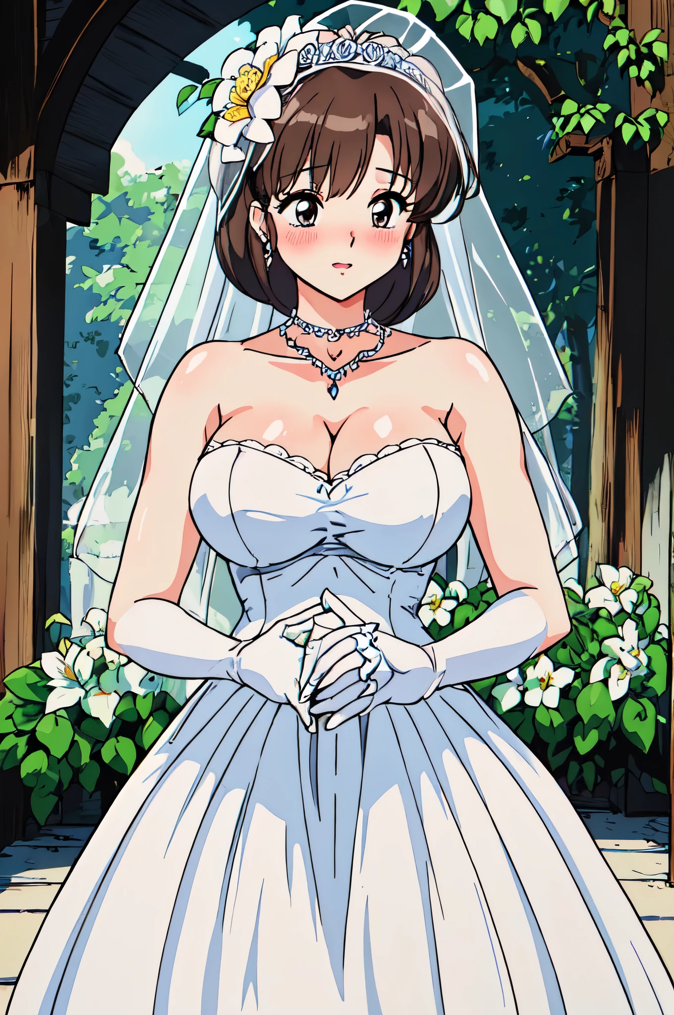  Kasumi_tendo，masterpiece, best quality, Detailed face, delicate eyes, high resolution, Close-up of beautiful bride wearing beautiful wedding dress,Gurwitz,(bridal veil:1.5），（Transparent short veil：1.5），Blushing face，Head flower，headgear，（tube top wedding dress：1.5），（Silk dress：1.2）,（Strapless wedding dress：1.5）,pure white dress，necklace，earrings，(large breasts:1.3)，Deep V peach heart collar wedding dress，Bangs，lipstick，（lace gloves：1.3）,whole body照,High detail RAW color art,Long white dress，whole body，Place your hands behind your back，