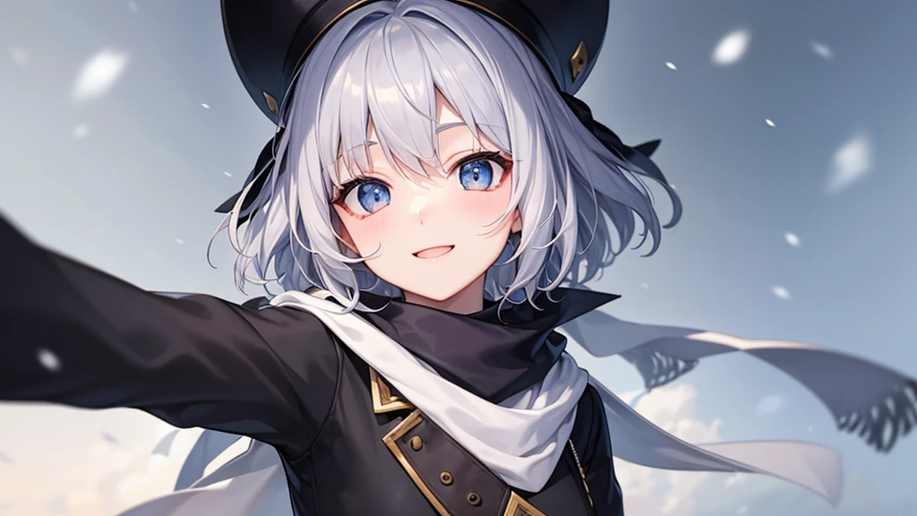 super high quality, with a girl, 20-year-old, とてもshort hair, long bangs between the eyes, pale blue eyes , blue sky, sunlight, very detailed,(masterpiece、highest quality)、alone、gray hair、laughter、White skin as clear as snow、fantasy, silver hair, black eye, beautiful eyes,smile, ecstasy, charm, be smitten with audience, short hair,fantasyな風景,Scarf、