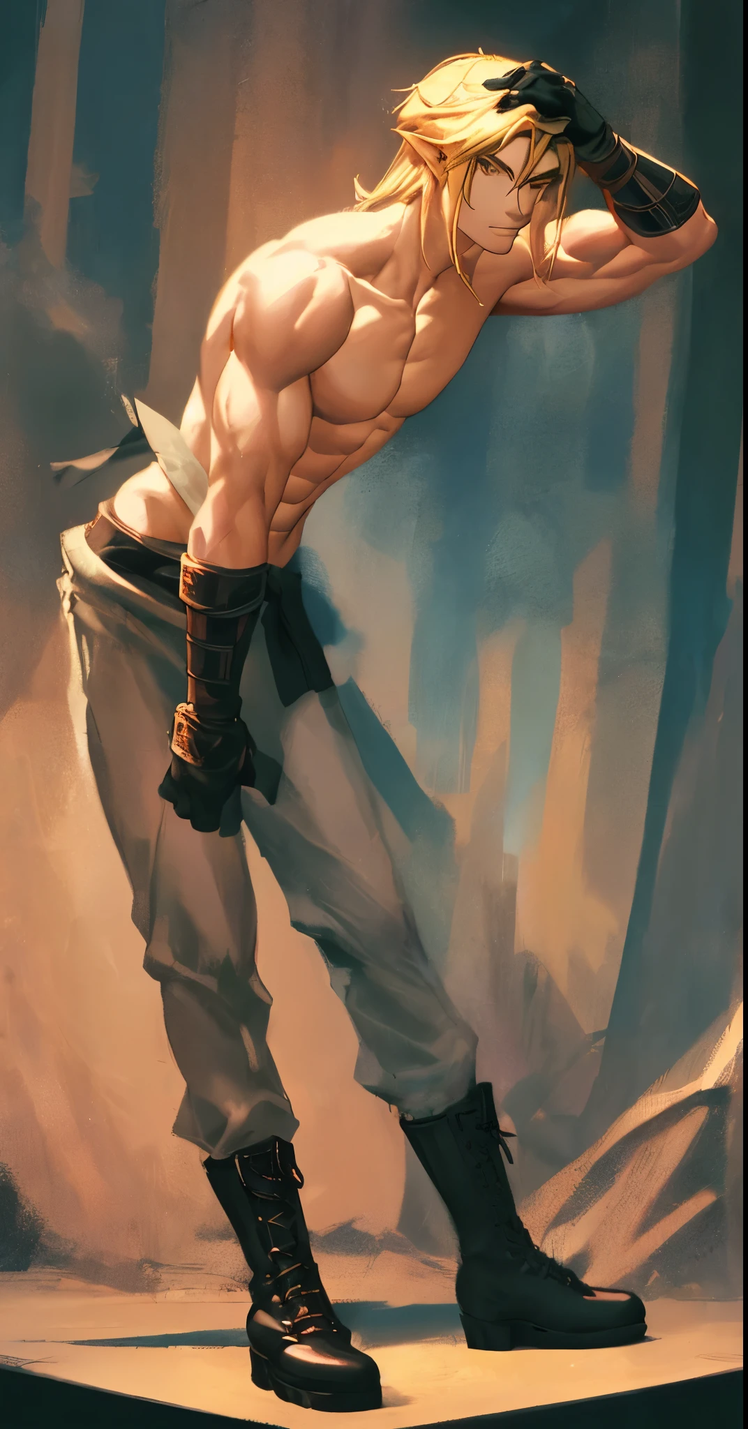 a close up of a man with blonde hair and no shirt, perfect anatomy, perfect male body,handsome guy, shirtless :: high detail, blonde, anime boy, blonde waist-long hair, handsome anime pose, smooth skin,link, masterpiece,detailed, intricate,4k,digital painting,pants,martial arts,black belt, muscular,perfect abs,warrior,sportive,seductive,horny,(smiling:0.5)(evil:0.3)(from below:1.2),(indoor)(palace)(one hand behind head),serious, confident,looking at viewer,maledom,prince,dominant, bdsm,sports,sportive, sweatpants,(shirtless),dominant,confident,strong, tall,godlike,(combat boots:1.4),perfect hands,gloves