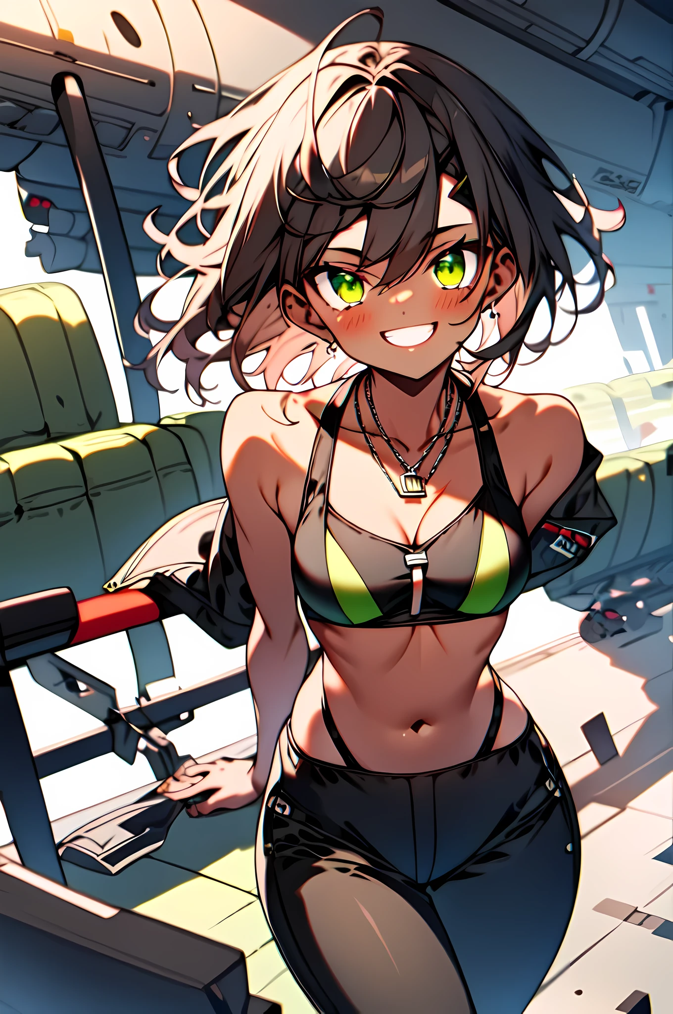 masterpiece, happy, glare, green eyes, (bronzed skin), short brown hair, Medium chest, black bikini, mini pant, army, aerodrome, split, bare shoulders, clavicle, dog tags, Very detailed, camo