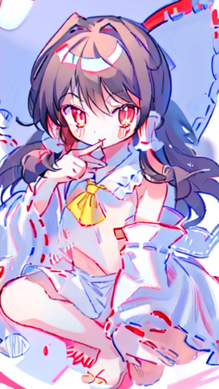 1 girl ,alone,Big head,Hakurei Reimu,Milky white liquid ejaculated,Bloodshot eyes,There is a knife in hand,There is blood flowing out from the corpse around you,There is blood on the mouth,blood spatter,maniac,Blood-colored pupils without protruding pupils,covered in blood,barefoot,wet