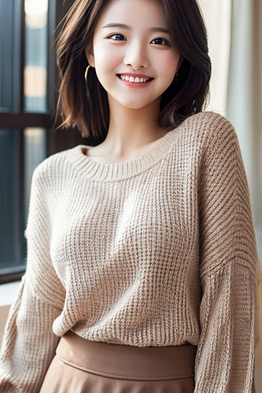 perfect face top quality, masterpiece, (realistic:1.4), 1 girl, light smile, loose sweater, Upper body, dramatic lighting, shortcut,skirt