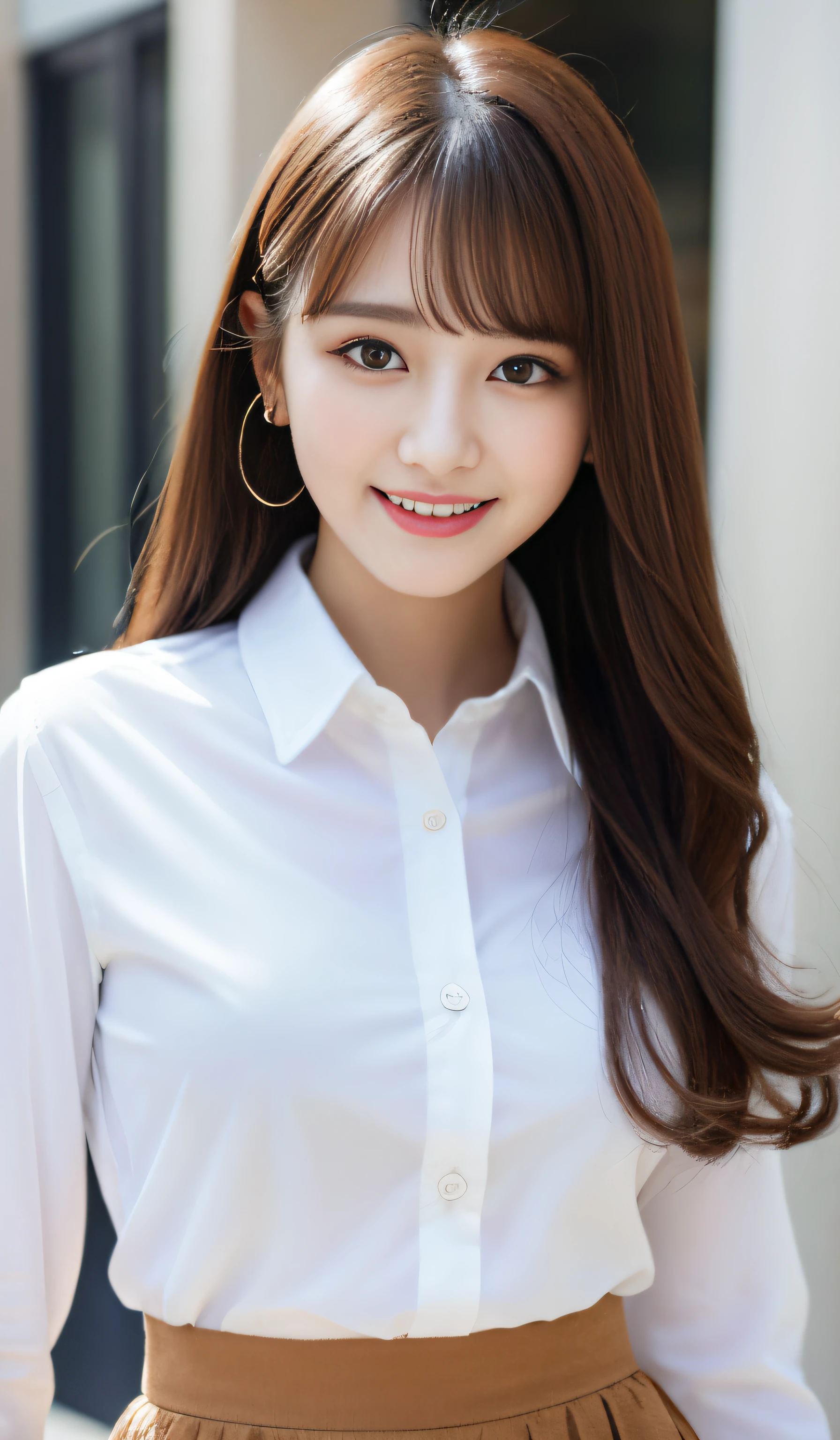 Angelic Very beautiful cute girl,
Beautiful detailed eyes,
Detailed double eyelids,
(Large eyes:1.3),long eyelashes,
see-through bangs,
(beautiful detailed face and eyes:1.4),
small nose,
small mouth,
Beautiful long hair,
happy smiling with visible teeth,
(Best Quality:1.2),
Raw photo,
High resolution,
perfect detail,
Professional Photography,
Professional Lighting,BREAK (White collared shirt、tight skirts:1.2)、Walking,Beautiful legs, a short skirt、FULL BODYSHOT,In the city,Brown hair,