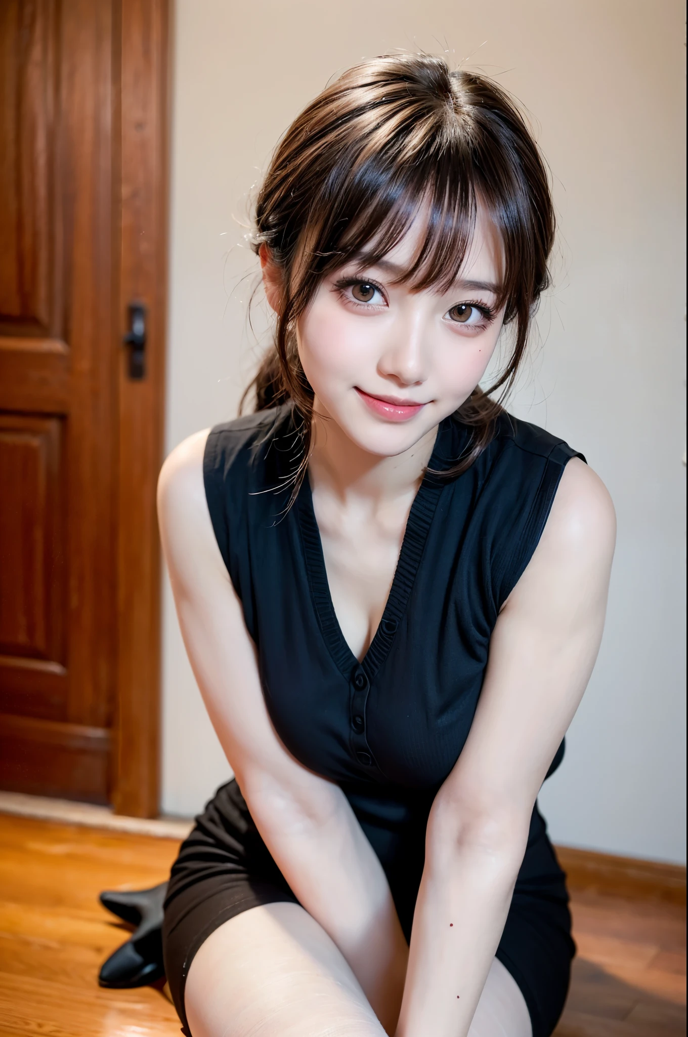 Ulchan-6500-v1.1, (RAW photo:1.2), (Photoreal), beautiful detailed girl, (genuine: 1.4), very detailed目と顔, beautiful and fine eyes, Vests with various patterns、((Sitting with legs aligned:1.3))、(super realistic pantyhose:1.2), (high heels)、((Business service))、(very affectionate smile:1.2)、huge file size, High resolution, very detailed, highest quality, [masterpiece:1.6], enlightenment, very detailed, finely, highest quality, 8k wallpaper, movie lighting, 1 girl, 26 years old, perfect body shape, Cute droopy eyes、beautiful big eyes、highest quality, 1 girl, eye shadow, Upper body, portrait, ((full body shot:1.3))、