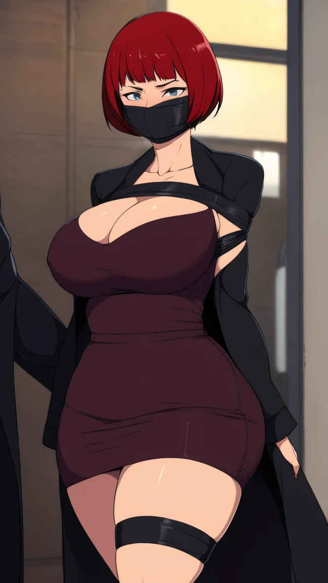 (masterpiece, best quality), 1girl, red hair, short hair, bangs, Slim, (Wide hips, Thick thighs), Scared, Slender, view the viewer, angry, bound arms, arms back behind, (dress , black coat , white shirt, ptie,encil skirts), in office buildinasterpiece), absurderes, Intricate details, Improvised gag, tape gag, gagged, tape bondage