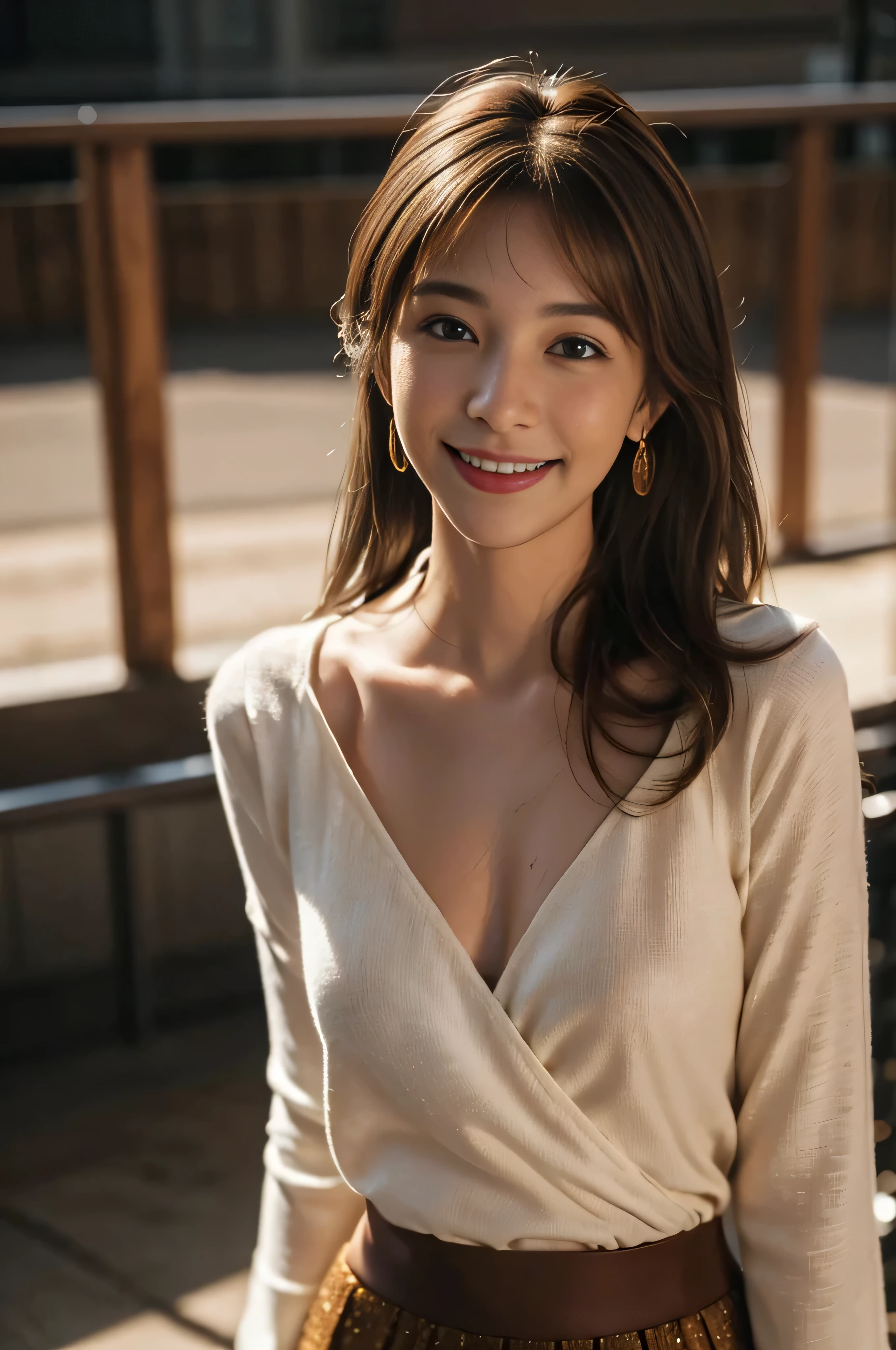 ((very beautiful woman:1.3))((panty shot:1.3))((whole bodyshot_very long legs:1.4))、((Super long brown hair:) 1.) 4))()((loosely wavy hair:1.3))((gold necklace_big earrings:1.2))、((茶色のlong sleeveのブラウス_long sleeve_Collared_tweed wrap skirt:1.4)) (((On the race track:1.3)) ((thin_fabric:1.4)) (((random sexy pose:1.3)) ((sweaty:1.5))((face flushed:1.4)) ((medium chest:1.4)) ((Close-up:1.2)) highest quality、masterpiece、ultra high resolution、(photorealistic:1.4)、Raw photo、(real skin texture:1.3)、(film grain:1.3)、panorama、character portrait、very wide shot、narrow waist、cowboy shot、(in the dark、deep shadow、moderate、in the cold light、)night、(())、flowing tears、dust、Tyndall effect、(expression),1girl,beautiful detailed eyes and face,white jabot,brown eyes,((brown hair:1.2))((whole body:1.3))((smile:1.3))