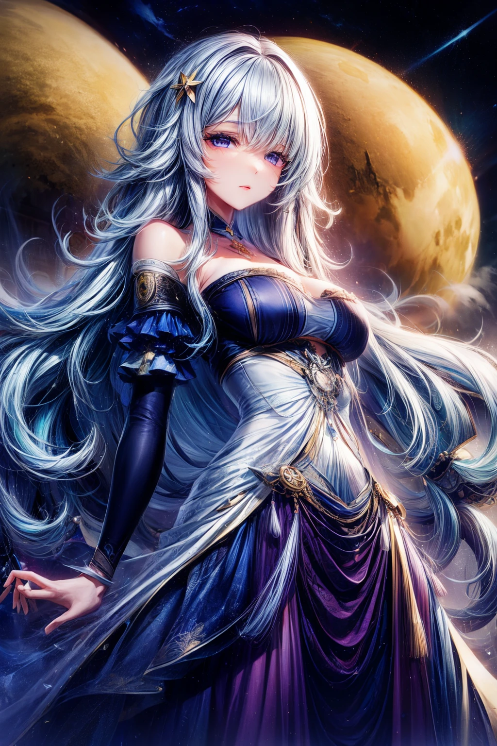 Detailed background, masterpiece, best quality, 1 person , curls, long hair, purple eyes, There are stars in the eyes , strapless shirt, long skirt