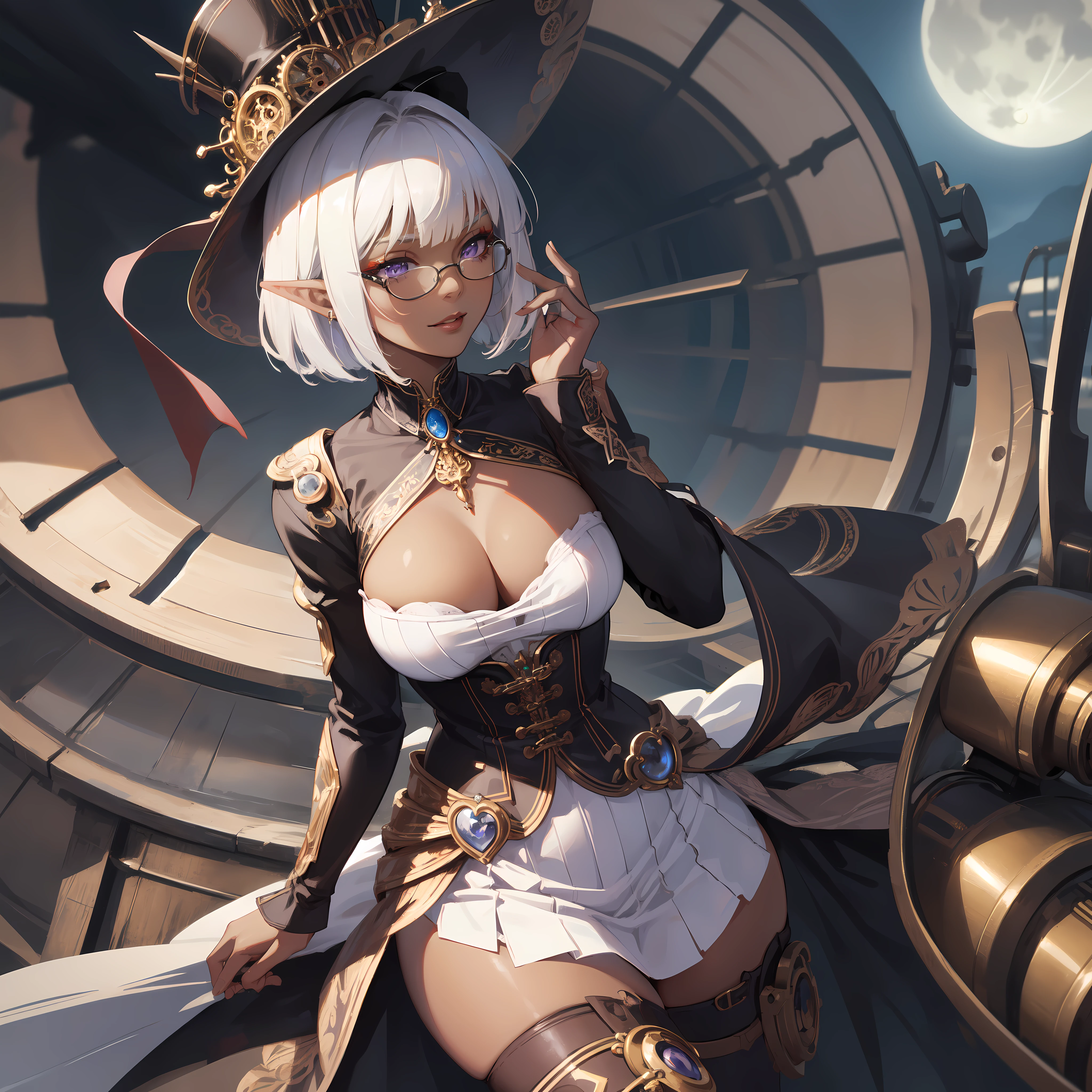 (masterpiece )), (top quality), (best quality), ((ultra-detailed, 8k quality)), Aesthetics, Cinematic lighting, (detailed line art), Beautiful digital artwork, Exquisite digital illustration, absurdres, 
BREAK,
Mild Dark Elf Woman in steampunk costume, portrait, wearing steampunk attire, ((Steampunk)), (glasses), deep_cleavage, shiny skin,(steampunk_costume), corset, Hat, skirt, corset, thighhighs,  boots, thigh boots, cinematography, crafted, elegant, Dynamic angle, full moon sky, dark night Background, (background Set in a steampunk Architecture), 
BREAK,
highly detailed of (dark elf), (1girl), perfect face, details eye, Bob cut hair, Blunt bangs, (hair between eye), blonde white hair, (violet eyes), eyelashes, eyeshadow, pink eyeshadow,  glaring, smile, design art by Artgerm, by Kawacy, By Yoshitaka Amano,
BREAK, 
((perfect anatomy)), nice body, medium breast, (extremely detailed finger), best hands, perfect face, beautiful face, beautiful eyes, perfect eyes, perfect fingers, correct anatomy, ((dark skin)),