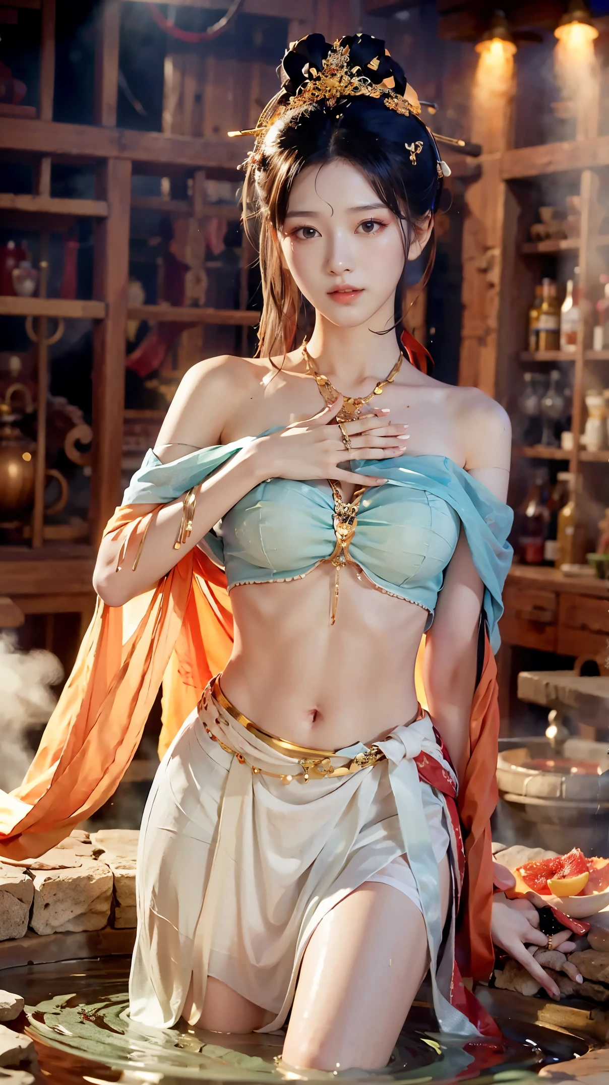 8k,best quality,Work,Very detailed,ultra high definition,Feeling,beautiful wallpaper,best masterpiece,Tyndall effect,Reality,Highest rendering,extremely beautiful face,ultra high definition晰度,exquisite facial expressions,Detailed description of face,Delicate hair features,look up,hair past shoulders,best quality，extremely high resolution。The heroine lies on her back in the antique hot spring pool，take off shoulders，clavicle，White bellyband，belly button，mini skirt，Slender jade legs，grapefruit model: Character 2, CFG scale: 7, Hire high-end talents: 1.5