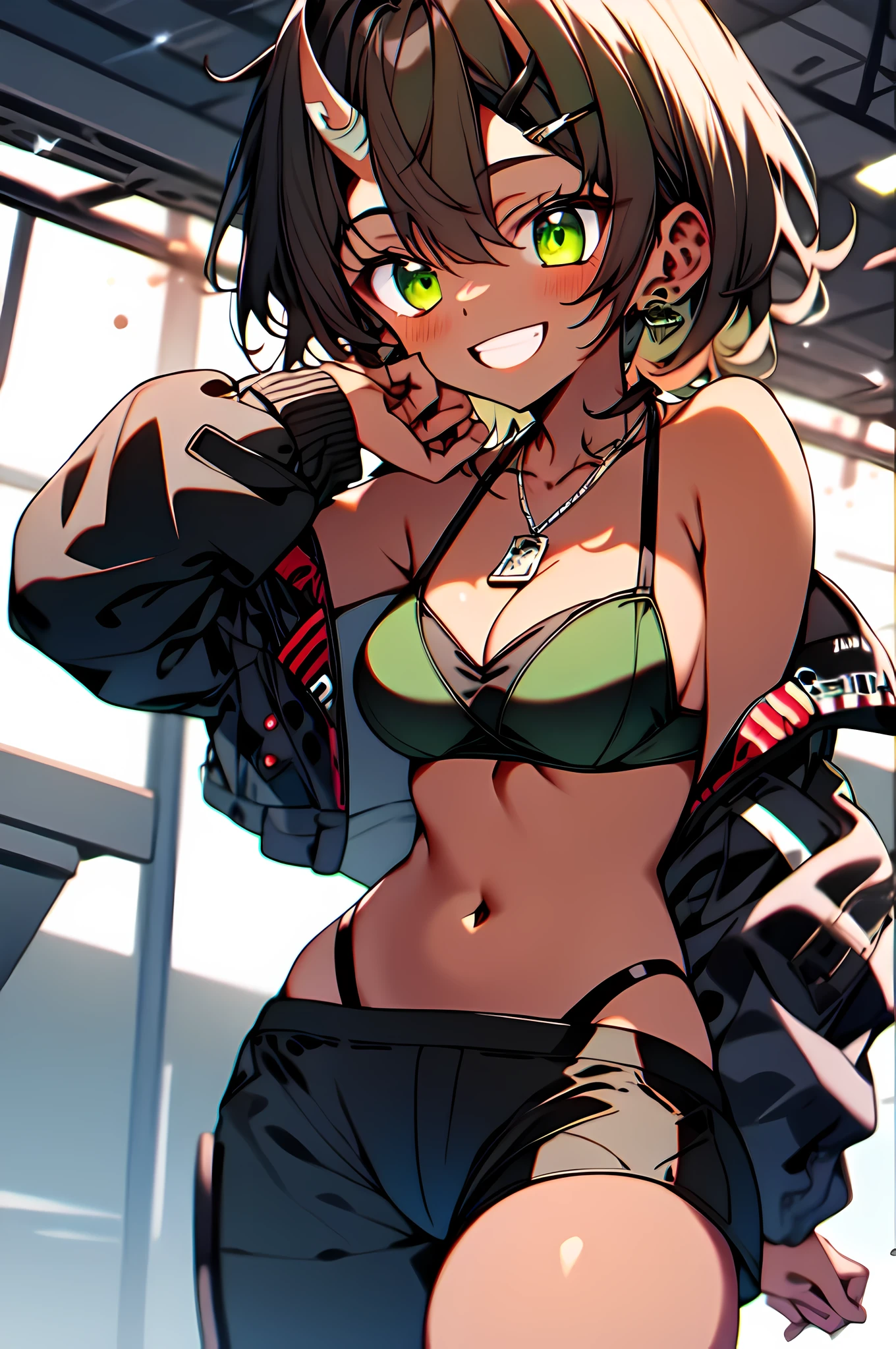 masterpiece, happy, glare, green eyes, (bronzed skin), short brown hair, Medium chest, black bikini, mini pant, army, aerodrome, split, bare shoulders, clavicle, dog tags, Very detailed, camo