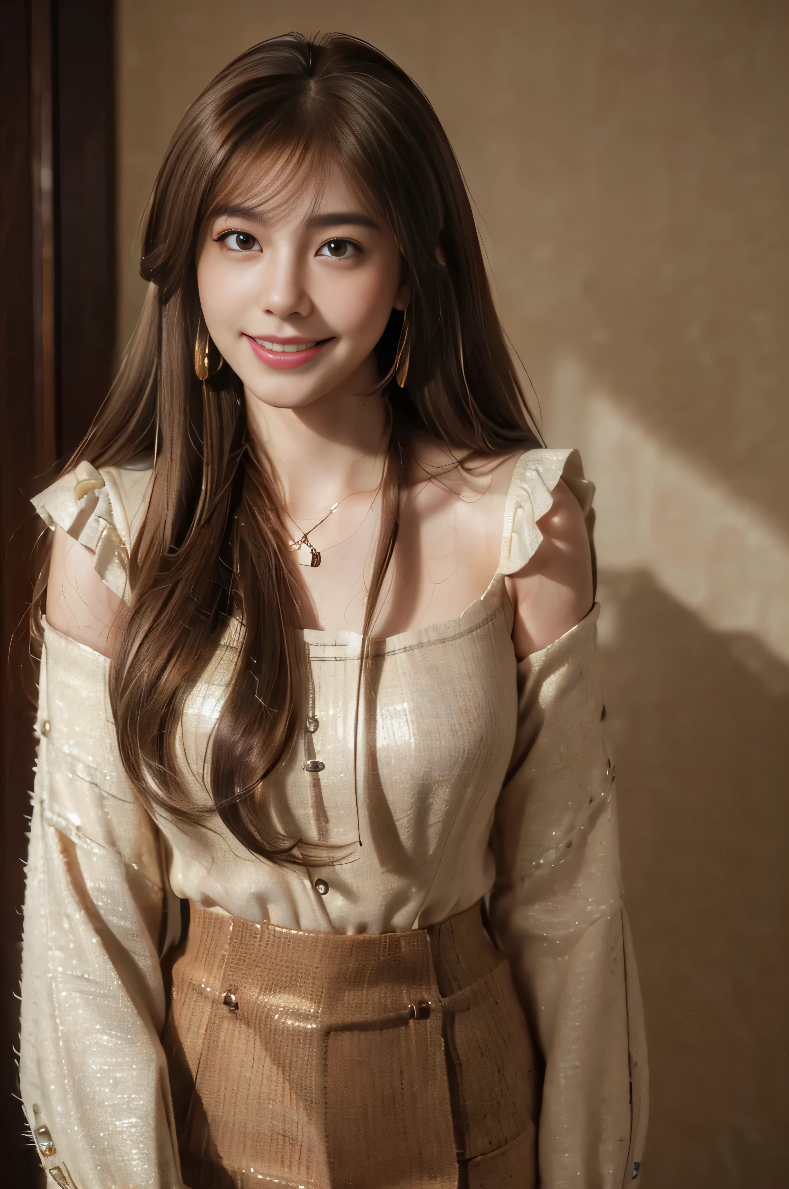 ((very beautiful woman:1.3))((panty shot:1.3))((whole bodyshot_very long legs:1.4)),((Super long brown hair:1.4)),((loosely wavy hair:1.3))((gold necklace_big earrings:1.2))、((茶色のlong sleeveのブラウス_long sleeve_Collared_tweed mini skirt:1.4)) (((On the track:1.3)) ((thin_fabric:1.4)) (((random sexy pose:1.3)) ((sweaty:1.5))((face flushed:1.4)) ((medium chest:1.4)) ((Close-up:1.2)) highest quality、masterpiece、ultra high resolution、(photorealistic:1.4)、Raw photo、(real skin texture:1.3)、(film grain:1.3)、panorama、character portrait、very wide shot、narrow waist、cowboy shot、(in the dark、deep shadow、moderate、in the cold light、)night、(())、flowing tears、dust、Tyndall effect、(expression),1girl,beautiful detailed eyes and face,white jabot,brown eyes,((brown hair:1.2))((whole body:1.3))((smile:1.3))