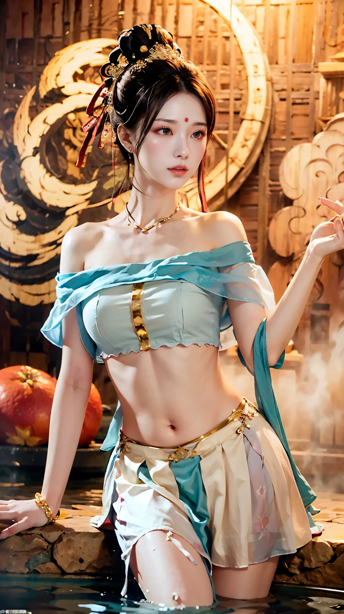 8k,best quality,Work,Very detailed,ultra high definition,Feeling,beautiful wallpaper,best masterpiece,Tyndall effect,Reality,Highest rendering,extremely beautiful face,ultra high definition晰度,exquisite facial expressions,Detailed description of face,Delicate hair features,look up,hair past shoulders,best quality,extremely high resolution。The heroine lies on her back in the antique hot spring pool,take off shoulders,clavicle,White bellyband,belly button,mini skirt,Slender jade legs,grapefruit model: Character 2, CFG scale: 7, Hire high-end talents: 1.5
