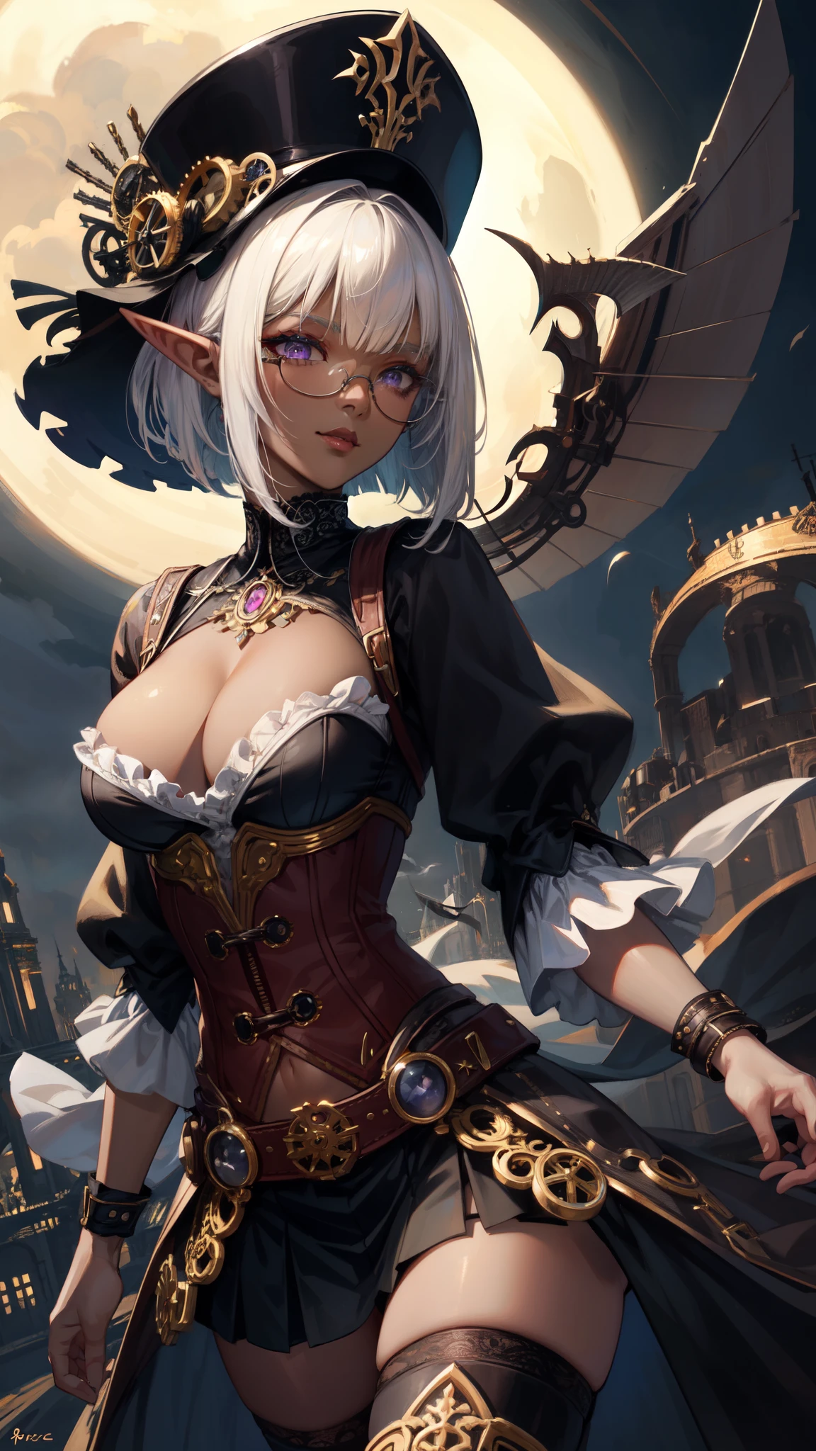 (masterpiece )), (top quality), (best quality), ((ultra-detailed, 8k quality)), Aesthetics, Cinematic lighting, (detailed line art), Beautiful digital artwork, Exquisite digital illustration, absurdres,
BREAK,
Milf Dark Elf Woman in steampunk costume, portrait, wearing steampunk attire, ((Steampunk)), (glasses), deep_cleavage, shiny skin,(steampunk_costume), corset, Hat, skirt, corset, thighhighs, boots, thigh boots, cinematography, crafted, elegant, Dynamic angle, full moon sky, dark night Background, (background Set in a steampunk Architecture),
BREAK,
highly detailed of (dark elf), (1girl), perfect face, details eye, Bob cut hair, Blunt bangs, (hair between eye), blonde white hair, (violet eyes), eyelashes, eyeshadow, pink eyeshadow, glaring, smile, design art by Artgerm, by Kawacy, By Yoshitaka Amano,
BREAK,
((perfect anatomy)), nice body, medium breast, (extremely detailed finger), best hands, perfect face, beautiful face, beautiful eyes, perfect eyes, perfect fingers, correct anatomy, ((dark skin)),