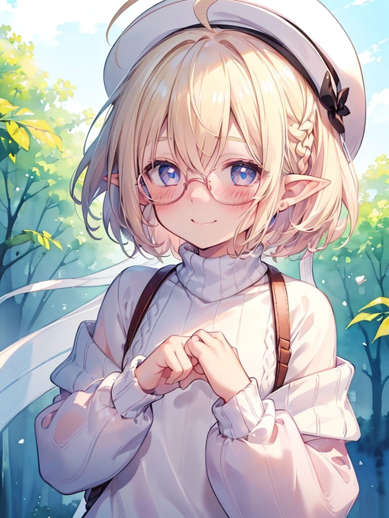 ultra detailed, best quality, high resolution, ((8k)), (( girl:1.3)), solo, pale skin, petite, (glossy blonde hair), (very short hair), blue eyes, (ahoge:1.3), (glasses), ((pointy ears)), (blush:1.5), ((single short braid:0.8)), ((very happy smile:1.2)), ((face)), (sweater), ((watercolor)), ((white hat))