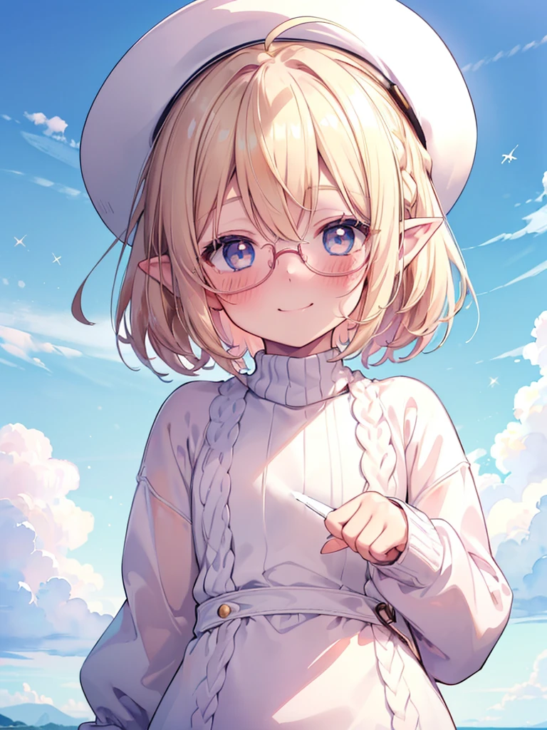 ultra detailed, best quality, high resolution, ((8k)), (( girl:1.3)), solo, pale skin, petite, (glossy blonde hair), (very short hair), blue eyes, (ahoge:1.3), (glasses), ((pointy ears)), (blush:1.5), ((single short braid:0.8)), ((very happy smile:1.2)), ((face)), (sweater), ((watercolor)), ((white hat))