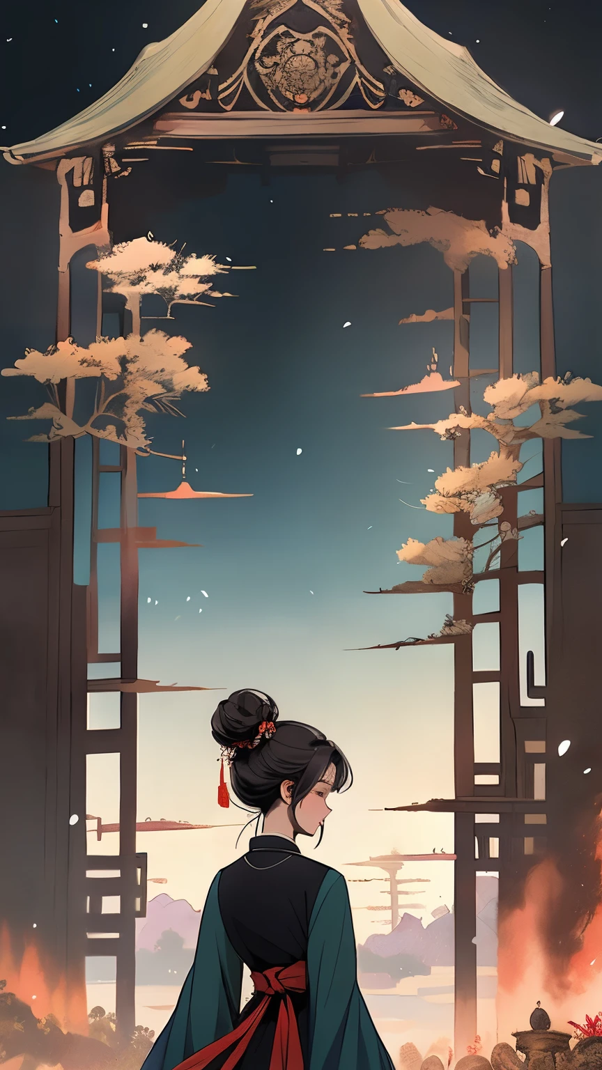 ink painting,watercolor smudge,1 girl, solo, long hair, black hair, hair accessories, long sleeves, close eyes, flower, outdoor, sky, 毛flower, from behind, sash, contour, make up, night, China costume, night空, light particles, lantern, architecture, 纸lantern, Hanfu,1 girl, solo, black hair, hair accessories, long sleeves, dress, hold, jewelry, Shut up, Permanent, whole body, flower, 毛flower, Wide sleeves, bun, vague, 黑色dress, from the side, flower瓣, contour, night, China costume, 单bun, 红flower, night空, light particles, bead, shawl, 捧flower, architecture, updo, Hanfu,high quality, best quality,8K CG, Ultra-detailed, HD, masterpiece, Watercolor oil painting,丹青ink painting,ink painting彩晕染,bling,antique art,The background is decorated with auspicious clouds and silk ribbons,Elegant and peaceful atmosphere,Concept art illustration,Light painting rendering,Zen style, In line with Chinese aesthetics,The beauty of imaginary artistic conception