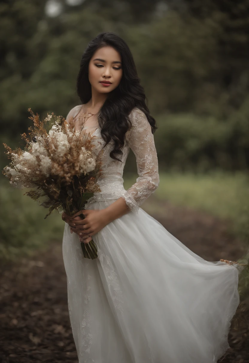 ultra realistic photo, full body, standing, of a beautiful woman from Indonesia, 20 years old, in jugle, dark background, she is just wearing a white bra and underpants, her feet and hands are wearing bridal stockings, her long black hair is blowing in the wind, her head is wearing short Wedding veil a bridal ornament, perfectly proportional body. Sad face and sharp gaze, hands holding flowers. Soft lighting, front lighting, lighting focus on models