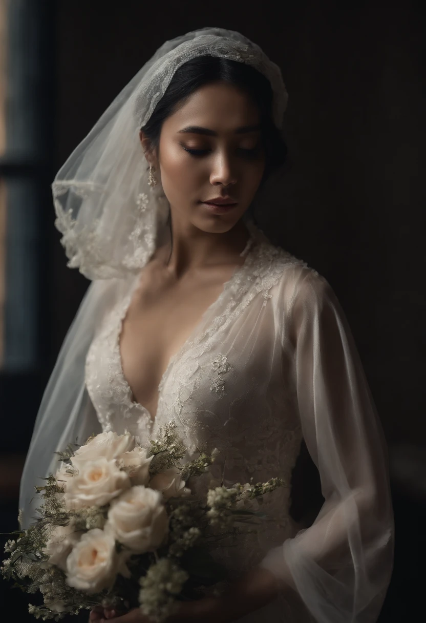 ultra realistic photo, full body, standing, of a beautiful woman from Indonesia, 20 years old, in jugle, dark background, she is just wearing a white bra and underpants, her feet and hands are wearing bridal stockings, her long black hair is blowing in the wind, her head is wearing short Wedding veil a bridal ornament, perfectly proportional body. Sad face and sharp gaze, hands holding flowers. Soft lighting, front lighting, lighting focus on models