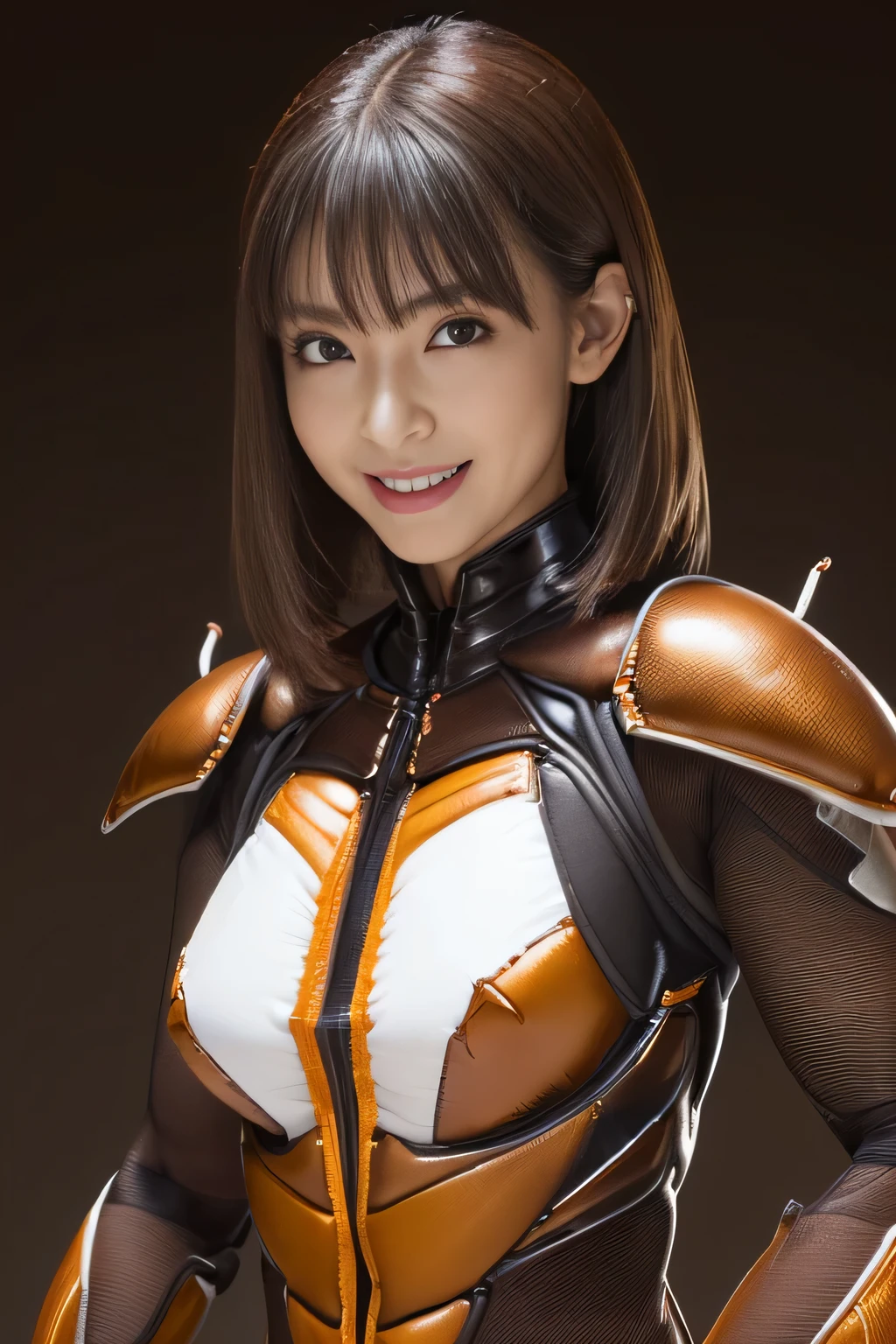 (High resolution,masterpiece,highest quality,Very detailed CG, anime, official art:1.4), realistic, photograph, amazing detail, all complicated, luster and luster,great many layers, 8k wallpaper, 3D, sketch, cute, figure,( alone:1.4), perfect female proportions,villain's daughter, (Fusion of dark brown cockroach and lady:1.4), (brown cockroach form lady:1.2), (brown cockroach woman:1.2), (Fusion:1.2), (alone:1.4), (evil smile:1.2), muscular, abs, (Cockroach brown exoskeleton bio insect suit:1.4), (Cockroach brown exoskeleton bio insect armor:1.2), (brown transparent cockroach feathers:1.4), (brown cockroach antenna:1.3),