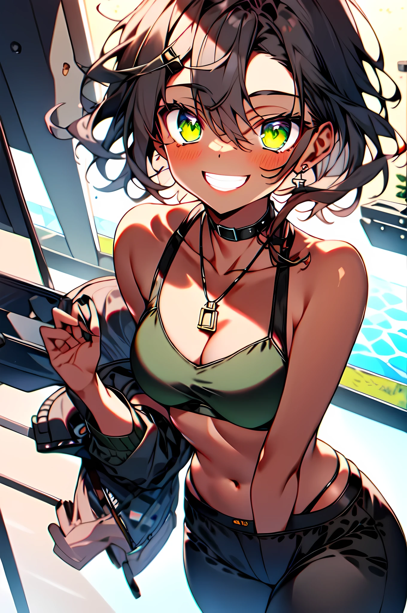 masterpiece, happy, glare, green eyes, (bronzed skin), short brown hair, Medium chest, black bikini, mini pant, army, aerodrome, split, bare shoulders, clavicle, dog tags, Very detailed, camo