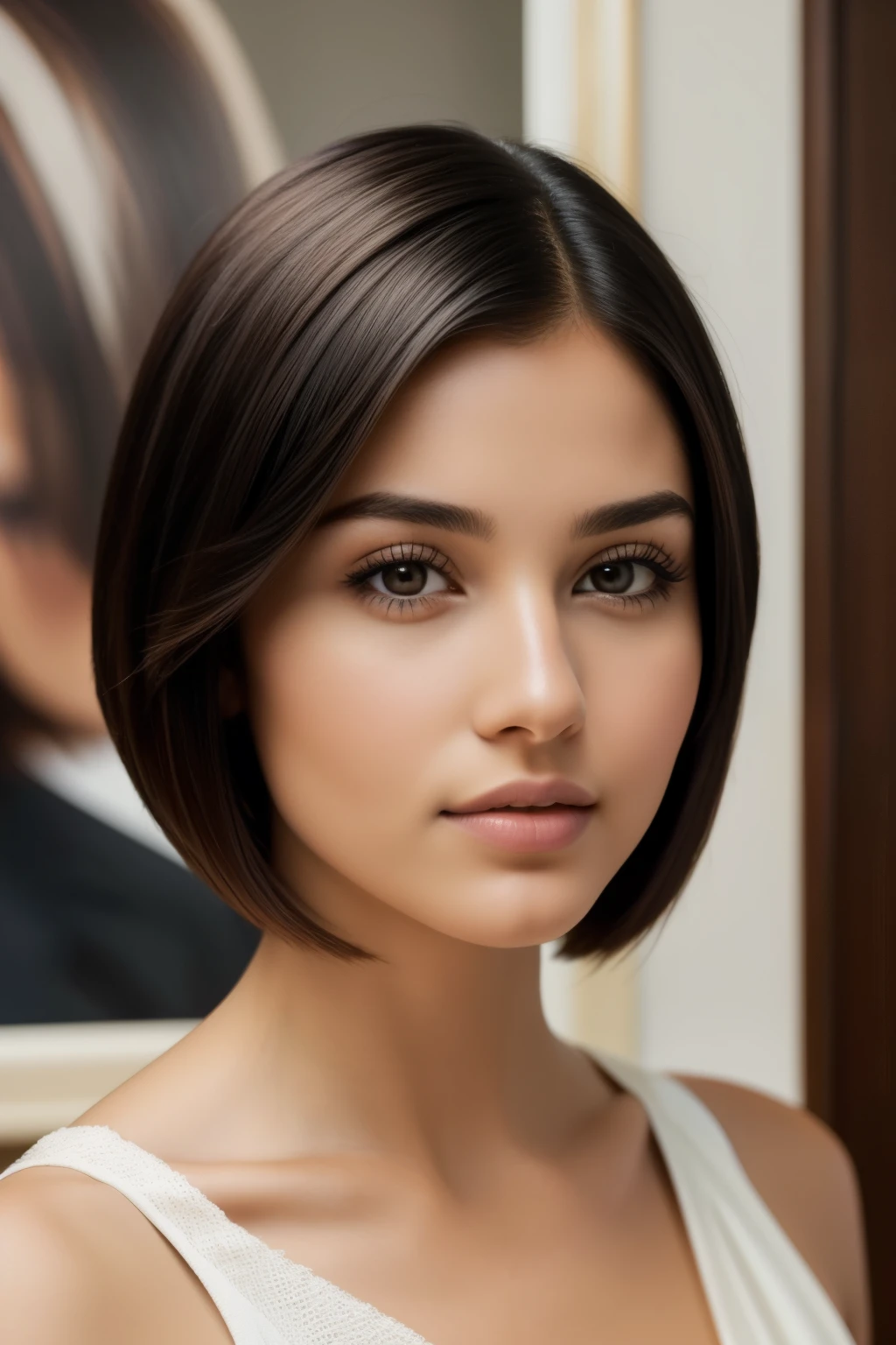 Isabel Merced, portrait bob_cut hair, beautiful face, perfect face, ultra realistic, front view, photo realistic