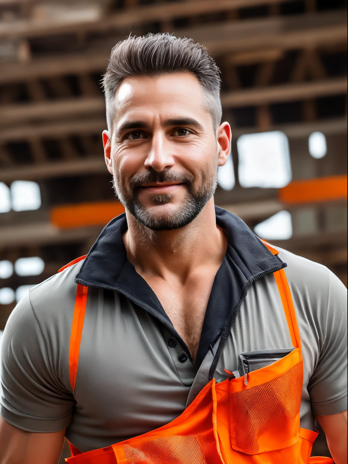 masterpiece, best quality, high resolution, closeup portrait, male focus, solo focus, A man, 40 years old, with construction worker uniform, unbuttoned work clothes, construction worker, silver grey hair, messy hairstyle, hairy armpit, cute and seductive face, bare chest, body hair, facial hair, roman nose, very skinny body, hairy legs, dimples, beard, bold jawline , in the background a construction site, two men love touch romantic, kneeling, two men kiss, sweaty, sunburnt, orange safety vest, attractive, view from below, amazing composition, front view, HDR, ultra quality, elegant, highly detailed