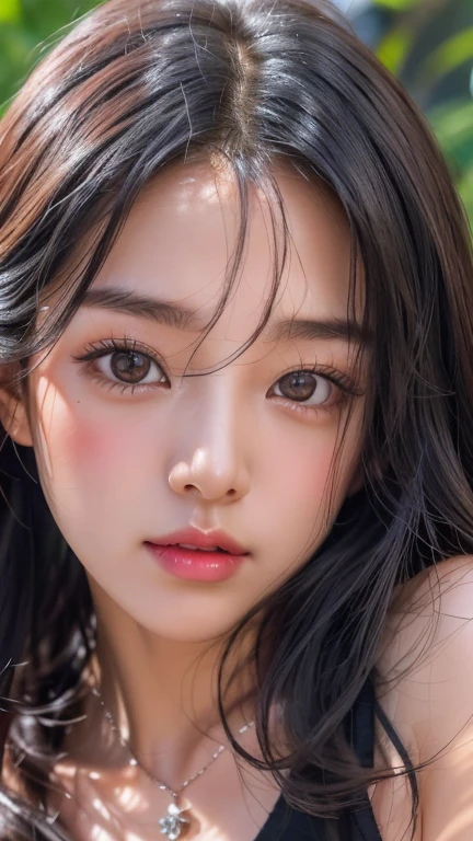 Woman with long hair and black top posing for a photo, Korean facial features, young adorable korean face, beautiful aesthetic face, That&#39;s a cute Korean face, korean girl, Her dark eyes are cute., With cute doting eyes, popular korean makeup, beautiful and delicate face, very beautiful face, cute natural anime face, beautiful korean woman, soft portrait shot 8k