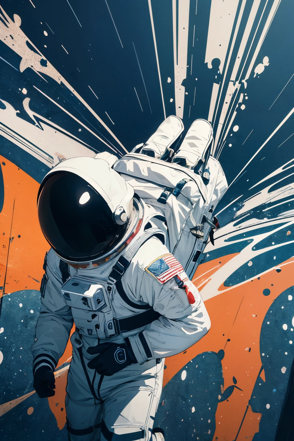 Vector design: A lone astronaut, rendered in hyper-realistic detail, floats amidst a sea of vibrant graffiti tags and splatters. The astronaut's expression is one of wonder and awe, as if marveling at the beauty of the chaotic art surrounding them.