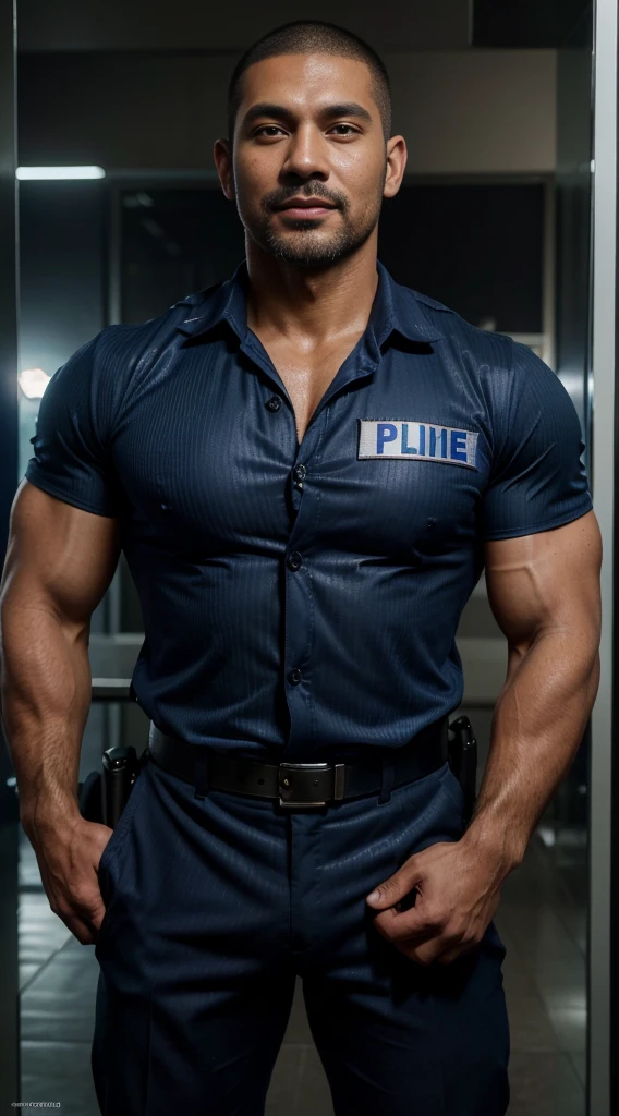 Masterpiece, highest quality, Ultra-Realistic, one man, full body shot, Italian policeman, italian, italian police uniform, rugged, muscular, big biceps, big forearms, bodybuilder body, hairy, very short hair, buzz cut hairstyle, masculine, manly, serious, patrolling, police boots, police gloves, looking directly at viewer, rugged face, Chiselled face, dimple in chin, buzz cut, big bulge, highly detailed realistic police uniform:1.5), (big bulge:1.5), patrolling, ((full body shot)), rugged, masculine, manly, muscular!, hairy, tall, 40 years old, full stubble beard, ((tight police uniform)), hairy!!, muscles!!, sweaty, dominating, alpha male, nsfw, ((Italian carabinieri police uniform)), burly, hairy and big forearms, big biceps, bodybuilder body, smiling, ((carabinieri)), (carabinieri blacl tall boots)