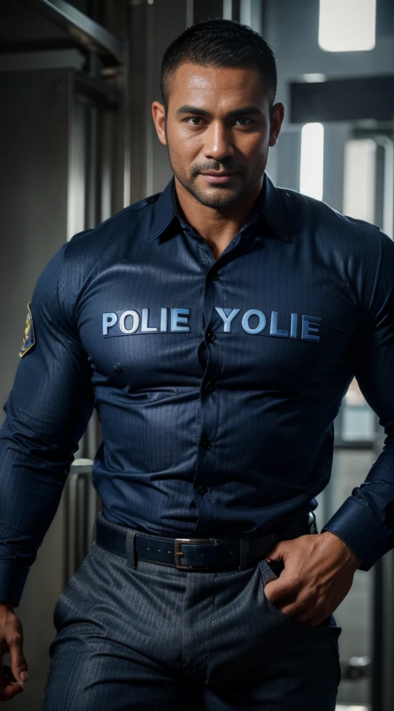 Man, Handsome  men, Indonesian hunk, ripped clothes, hairy chest, facial hair, bearded,Ultra Realistic,Muscular, buzzcut hair, chiselled, 38 years old, malaysian police uniform, big bulge, masterpiece, highest quality, sexy, handsome, dominant, chiselled face, dimple in chin，sweaty, hairy chest, ((highly detailed new york dark blue police uniform)), (open police shirt:1.4), (new York police rank stripes), strong, chiselled face, strong jawline, bodybuilder body, smouldering, burly, ((uniform)), fullbody shot, tall, full body portrait, smiling, (big bulge:1.1), buzz cut, full body shot, wet skin, gloves