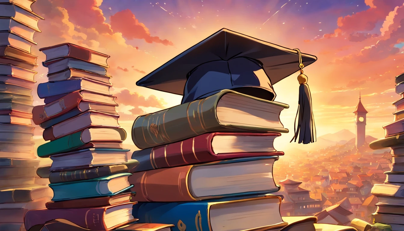 A close-up image showcasing a graduation cap placed on top of a pile of books, symbolizing the culmination of education and the acquisition of knowledge, representing the concept of lifelong learning
