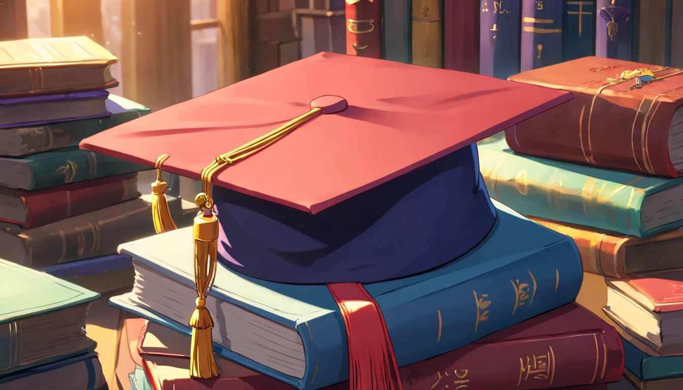 A close-up image showcasing a graduation cap placed on top of a pile of books, symbolizing the culmination of education and the acquisition of knowledge, representing the concept of lifelong learning