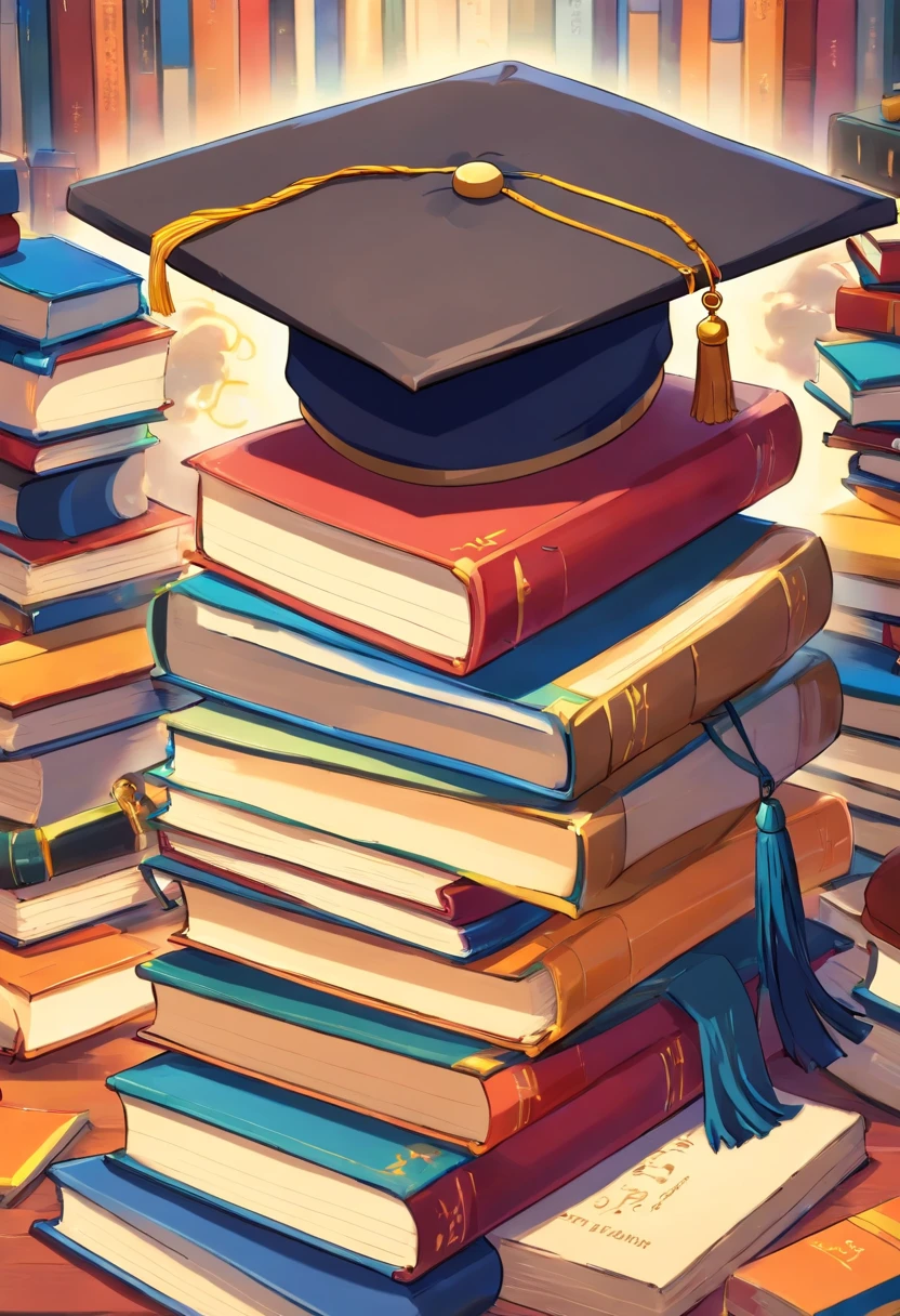 A close-up image showcasing a graduation cap placed on top of a pile of books, symbolizing the culmination of education and the acquisition of knowledge, representing the concept of lifelong learning