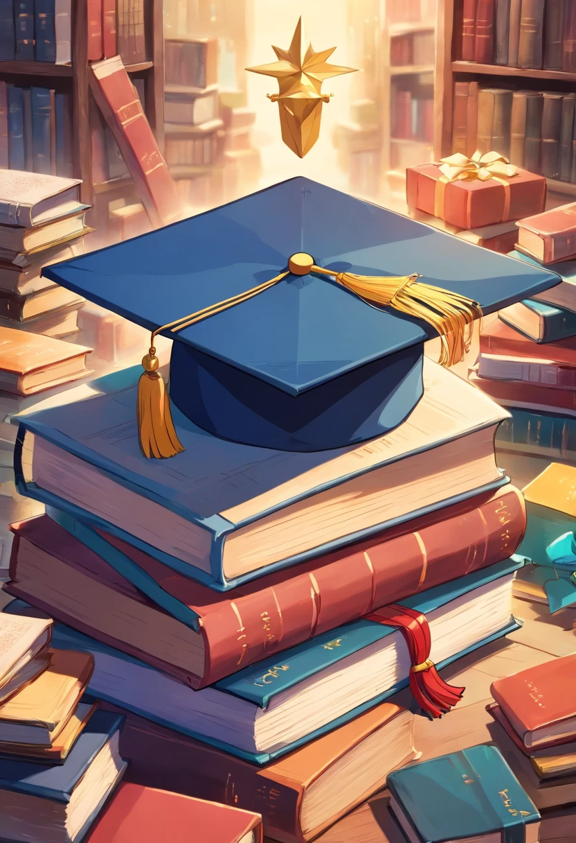 A close-up image showcasing a graduation cap placed on top of a pile of books, symbolizing the culmination of education and the acquisition of knowledge, representing the concept of lifelong learning