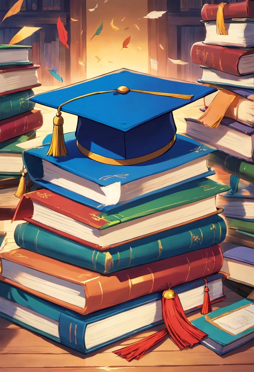 A close-up image showcasing a graduation cap placed on top of a pile of books, symbolizing the culmination of education and the acquisition of knowledge, representing the concept of lifelong learning