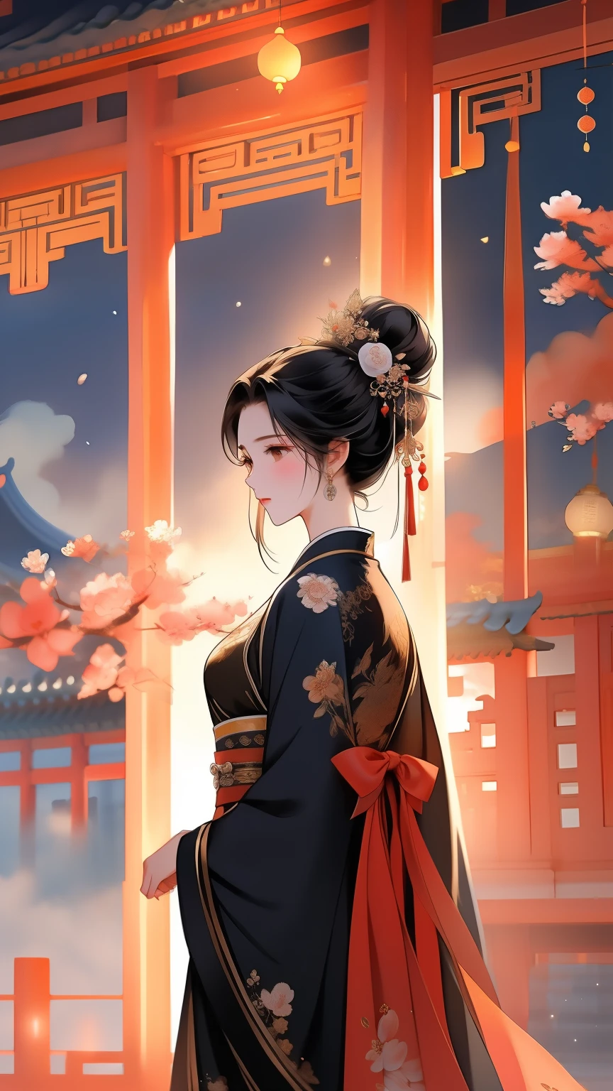 ink painting,watercolor smudge,1 girl, solo, long hair, black hair, hair accessories, long sleeves, close eyes, flower, outdoor, sky, 毛flower, from behind, sash, contour, make up, night, China costume, night空, light particles, lantern, architecture, 纸lantern, Hanfu,1 girl, solo, black hair, hair accessories, long sleeves, dress, hold, jewelry, Shut up, Permanent, whole body, flower, 毛flower, Wide sleeves, bun, vague, 黑色dress, from the side, flower瓣, contour, night, China costume, 单bun, 红flower, night空, light particles, bead, shawl, 捧flower, architecture, updo, Hanfu,high quality, best quality,8K CG, Ultra-detailed, HD, masterpiece, Watercolor oil painting,丹青ink painting,ink painting彩晕染,bling,antique art,The background is decorated with auspicious clouds and silk ribbons,Elegant and peaceful atmosphere,Concept art illustration,Light painting rendering,Zen style, In line with Chinese aesthetics,The beauty of imaginary artistic conception,Beautiful digital illustration