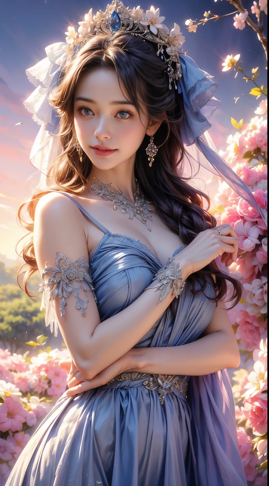(highest quality,4K,8K,High resolution,master piece:1.2),super detailed,(Now,Realisticに,Realistic:1.37),girl in a luxurious blue dress,eyes were shining with joy, her lips were slightly curved,show a gentle smile. The sun casts a warm golden light on her face, Enhance her beauty. Flower colors are bright pink and purple、Rich in gentle pastel colors。, Create harmonious and visually pleasing works. soft and diffused lighting, Creates a dreamy and fantastic atmosphere. girl standing in the middle of the field, Please raise your arms a little, Embrace the beauty of nature. A carefully balanced formulation, girl'Off-center position, Create a sense of movement and vitality. The details of the flowers are very carefully drawn...., Carefully expressing each petal and leaf.. girl'The skirt wraps her elegantly, Adds elegance and femininity to the scene. all inclusive, Works that evoke joyful feelings, enshrine, and appreciation for the beauty of nature.........