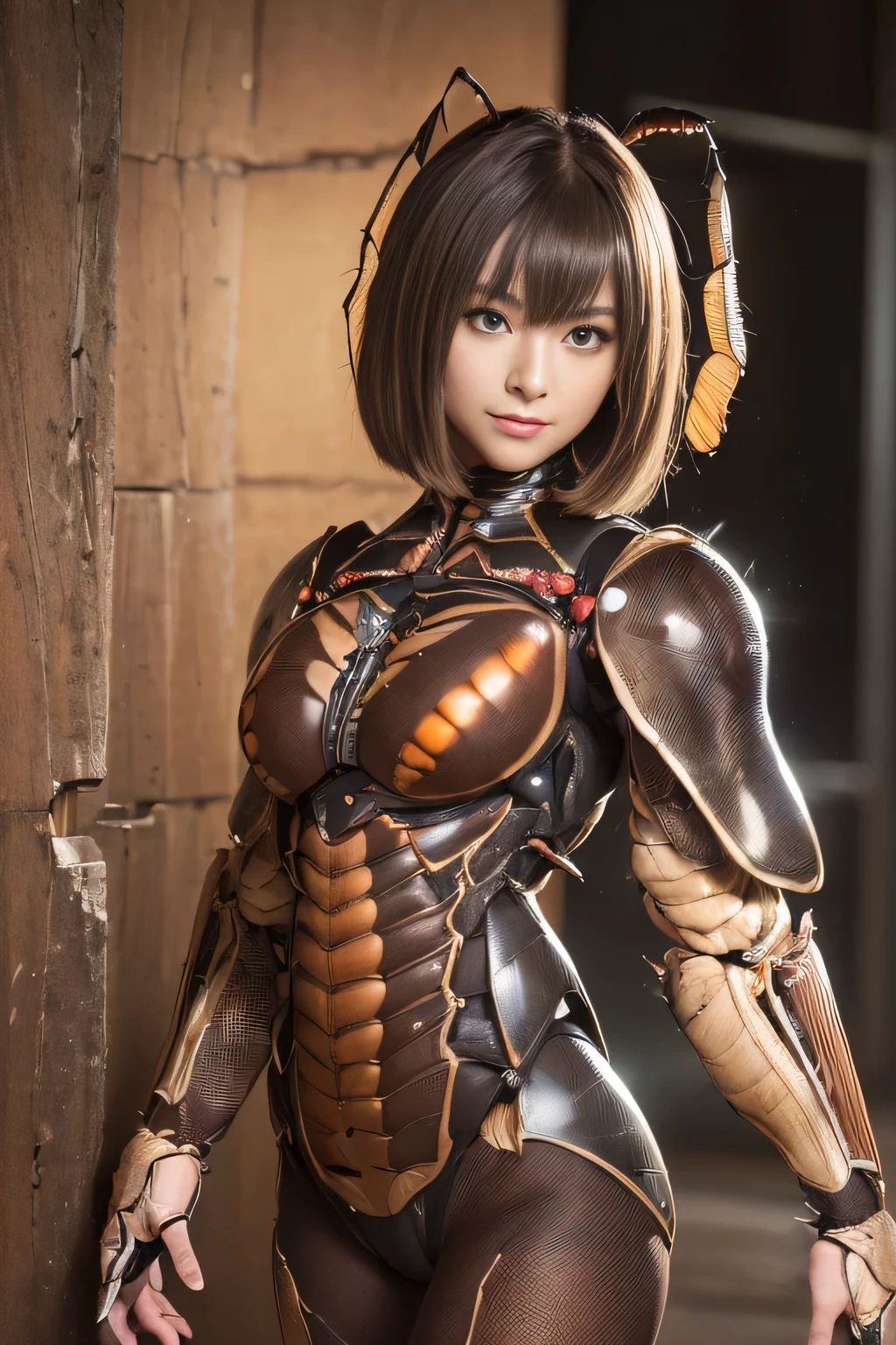 (High resolution,masterpiece,highest quality,Very detailed CG, anime, official art:1.4), realistic, photograph, amazing detail, all complicated, luster and luster,great many layers, 8k wallpaper, 3D, sketch, cute, figure,( alone:1.4), perfect female proportions,villain's daughter, (Fusion of dark brown cockroach and lady:1.4), (brown cockroach form lady:1.2), (brown cockroach woman:1.2), (Fusion:1.2), (alone:1.4), (evil smile:1.2), muscular, abs, (Cockroach brown exoskeleton bio insect suit:1.4), (Cockroach brown exoskeleton bio insect armor:1.2), (brown transparent cockroach feathers:1.4), (brown cockroach antenna:1.3),