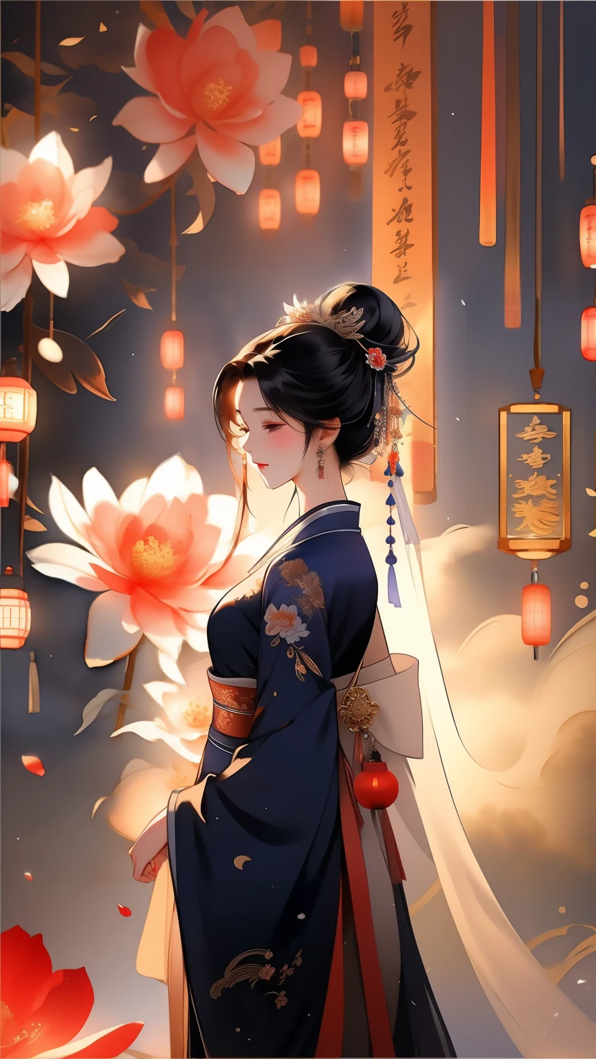 ink painting,watercolor smudge,1 girl, solo, long hair, black hair, hair accessories, long sleeves, close eyes, flower, outdoor, sky, 毛flower, from behind, sash, contour, make up, night, China costume, night空, light particles, lantern, architecture, 纸lantern, Hanfu,1 girl, solo, black hair, hair accessories, long sleeves, dress, hold, jewelry, Shut up, Permanent, whole body, flower, 毛flower, Wide sleeves, bun, vague, 黑色dress, from the side, flower瓣, contour, night, China costume, 单bun, 红flower, night空, light particles, bead, shawl, 捧flower, architecture, updo, Hanfu,high quality, best quality,8K CG, Ultra-detailed, HD, masterpiece, Watercolor oil painting,丹青ink painting,ink painting彩晕染,bling,antique art,The background is decorated with auspicious clouds and silk ribbons,Elegant and peaceful atmosphere,Concept art illustration,Light painting rendering,Zen style, In line with Chinese aesthetics,The beauty of imaginary artistic conception,Beautiful digital illustration