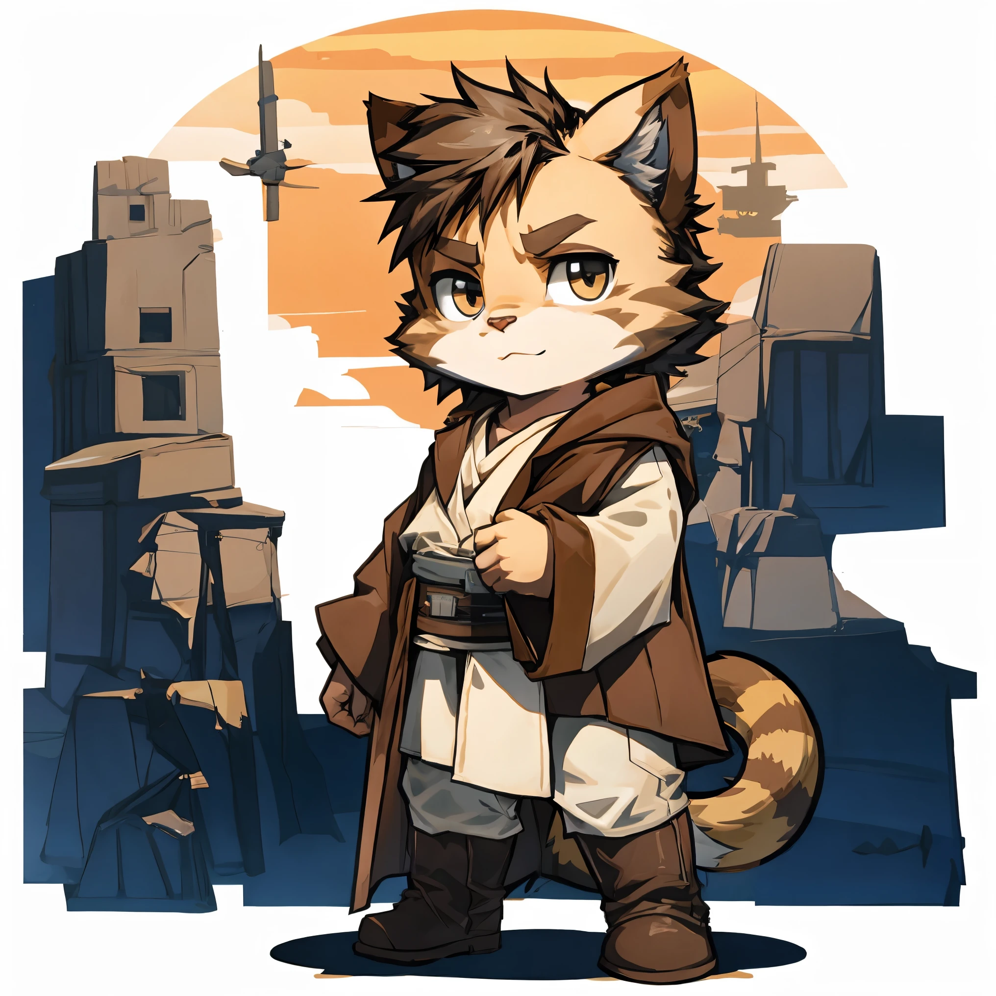 Cat wearing jedi outfit from star wars, chibi, standing, background star wars universe, stunning style