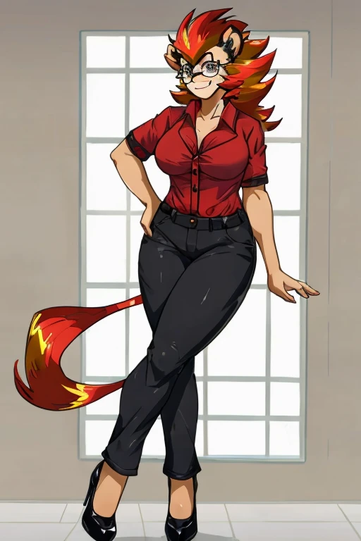 ((Pyroar)), anthropomorphic, big boobs, big ass, pokemorph, (((1girl))), (((red blouse))), (black denim pants), cute and sexy, (black heels), slender, brown skin, (glasses), long legs, smiling